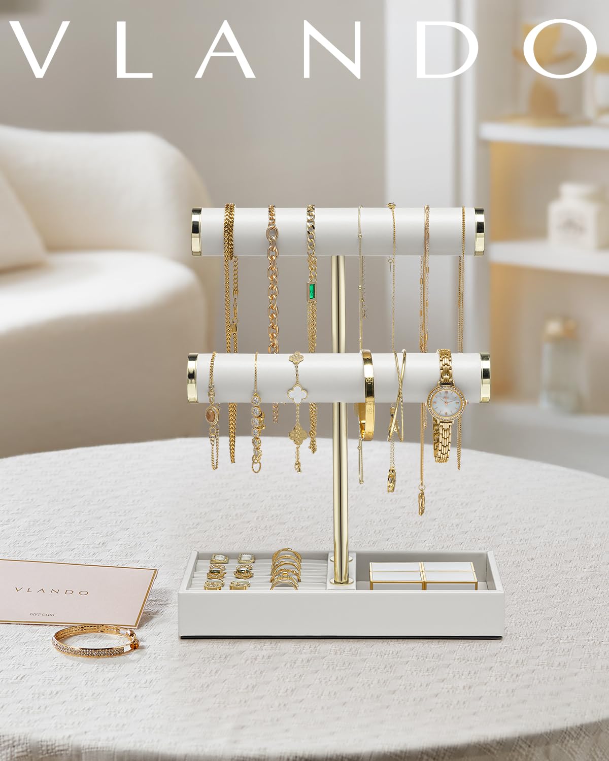 VLANDO 2 Tier Bracelet Holder with Tray - Leather Jewelry Stand Organizer for Women - Necklace Holder Display for Necklace, Watches, Rings, Earrings, Bangle, Scrunchie - White