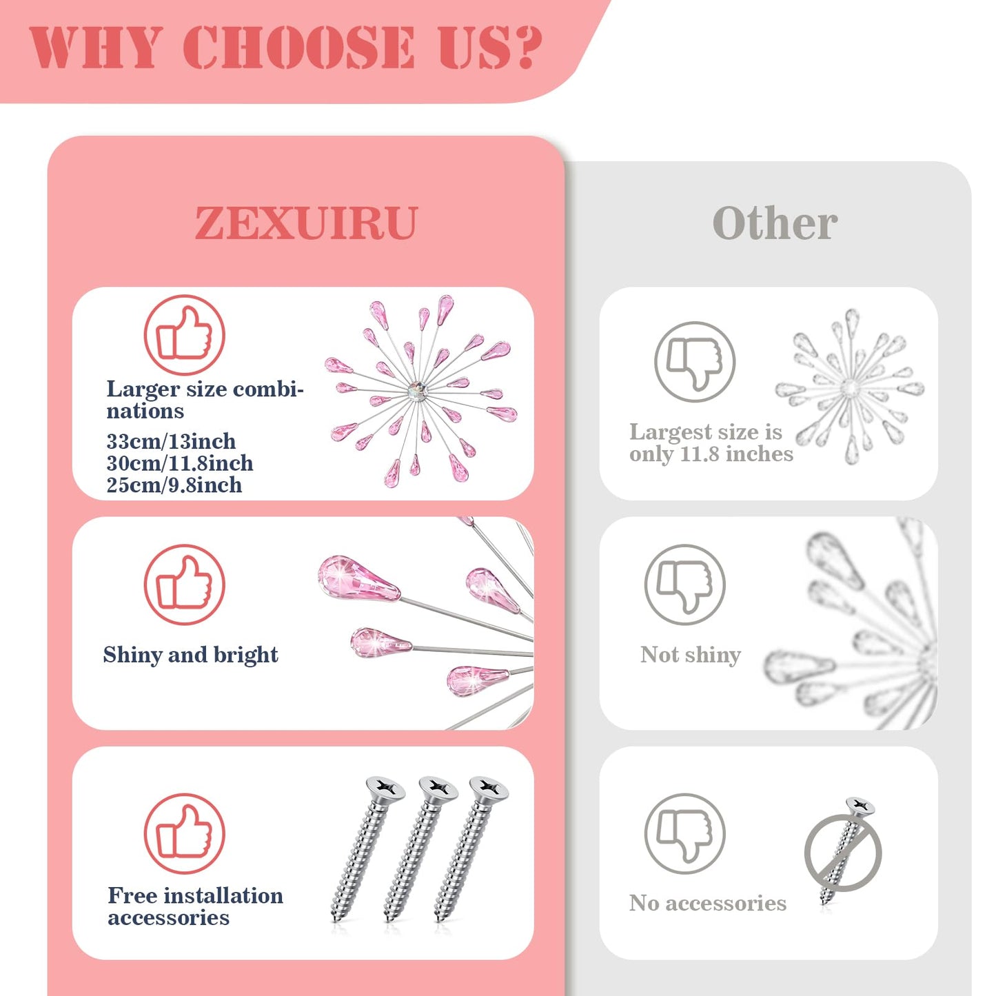 ZEXUIRU 4 Pcs Metal Starburst Art for Wall Decor Living Room Bedroom Dining Room Office - Bling 3D Crystal Rhinestone Sunburst Wall Art -Pink 13in/11.8in/9.8in/9.8in
