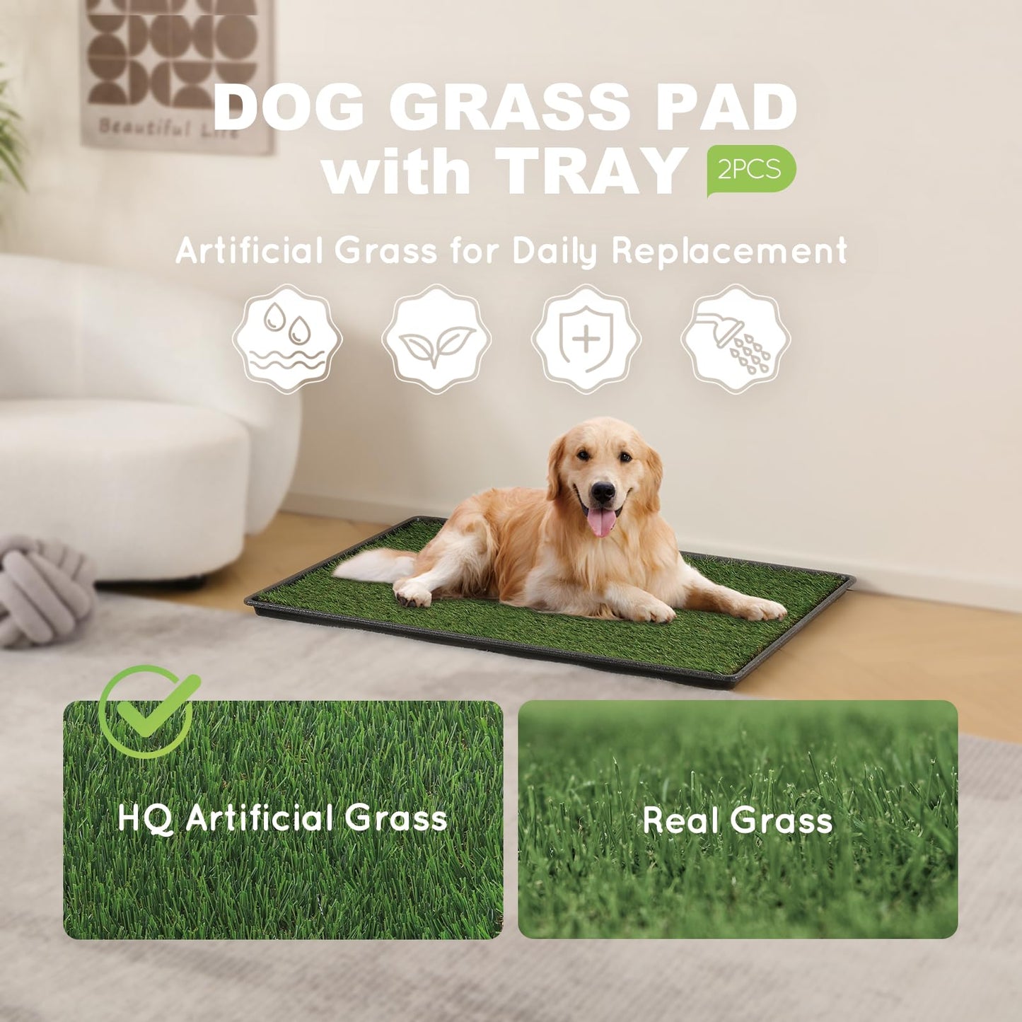 HQ4us Dog Grass pad with Tray Large Dog Litter Box Toilet 34”×23”, 2×Artificial Grass for Dogs,Pee pad, Realistic, Bite Resistance Turf, Less Stink, Potty for Balcony,
