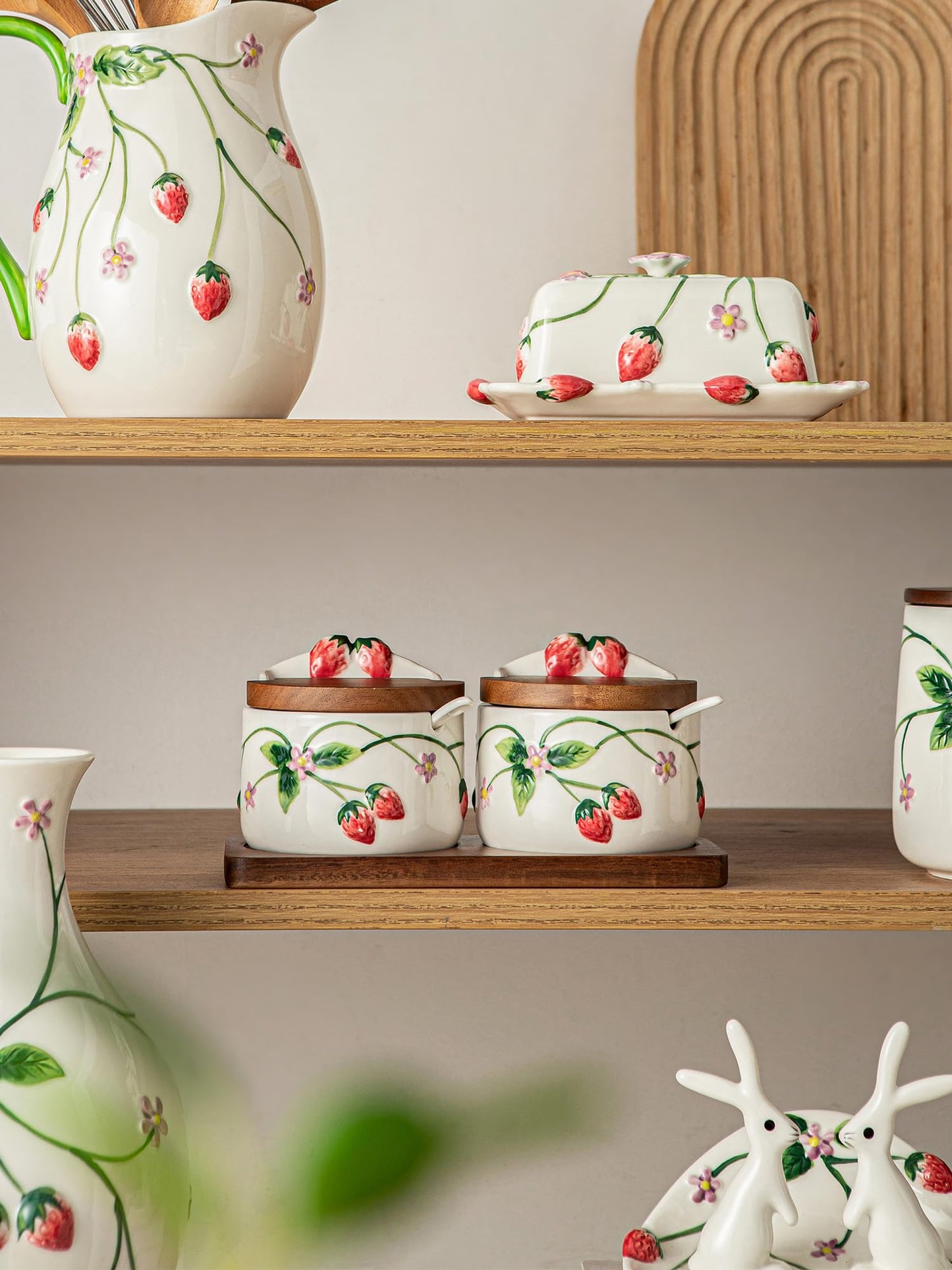 Ceramoira Ceramic Salt and Pepper Cellar Set with Spoons, Lids, and Tray | Handmade Strawberry Condiment Holders for Spices, Sugar, Seasonings, and More | Holds 12oz. Each