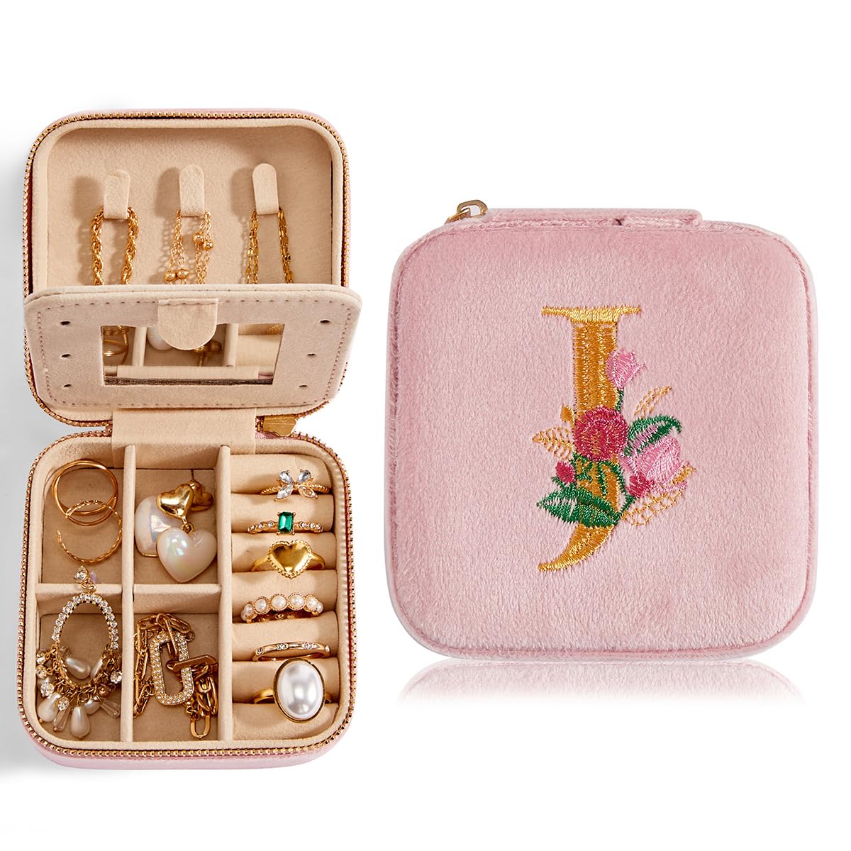 Smileshe Personalized Gifts for Mom Mothers Day, Birthday, Graduation Gift for Girls Fashion, Travel for Teen Girls Trendy Stuff, Velvet Jewelry Box with Flower, Letter J, Pink