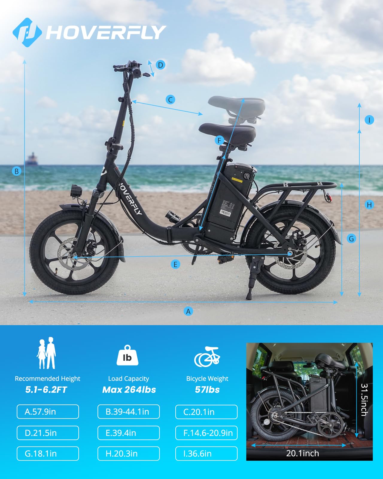 Hoverfly H3 16" Electric Bike, Max 28Miles Range(Pedal-Assist) & Speed 15.5 Mph Power by 500W Peak Motor, Folding E-Bike with Removable Battery, Front Suspension, Commuter Electric Bicycle Adults