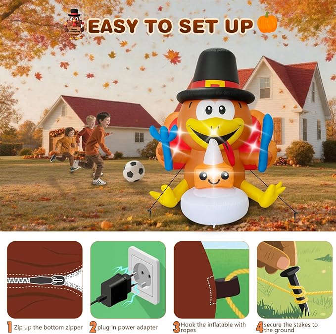 Thanksgiving Inflatables Turkey Outdoor Decorations 5FT Fall Inflatable Turkey with Built-in LED Lights with Cake Blow up Outdoor Lawn Yard Decoration