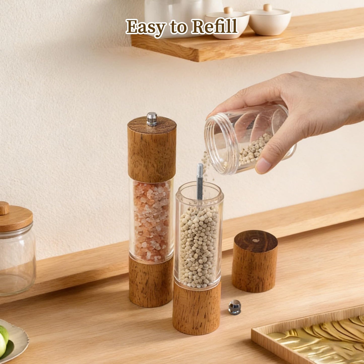 Haomacro 2 Pack Salt and Pepper Grinder Set, Premium Acrylic Salt and Pepper Mills - Manual Oak Wooden Shakers with Adjustable Ceramic Core-8 Inches