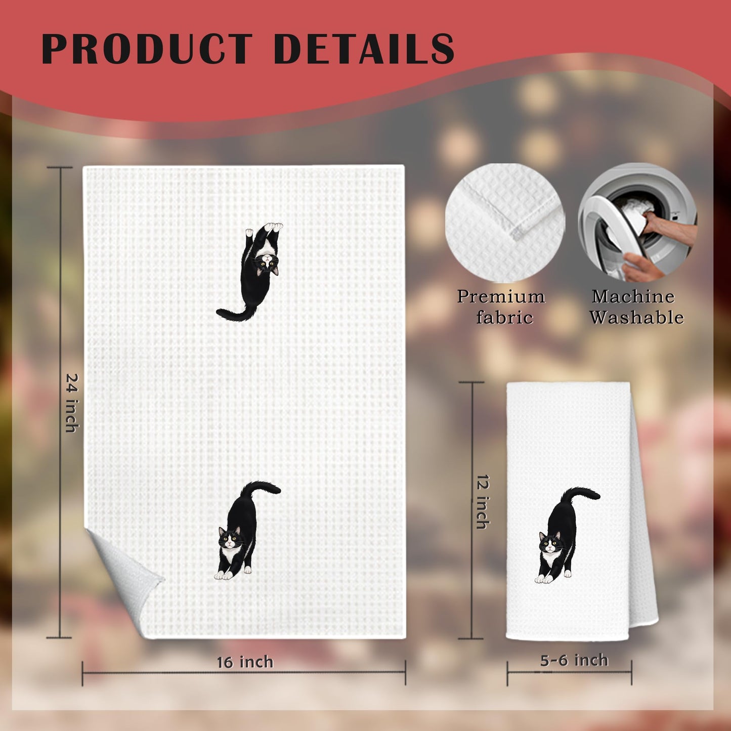 Exqcom Funny Tuxedo Cat Kitchen Towels Set of 2, Cat Lover Mom Lady Gifts Hand Towels for Bathroom Kitchen, Black and White Kitty Kitten Decorative Dish Towels Drying Cloth, 16x24 Inch Set of 2
