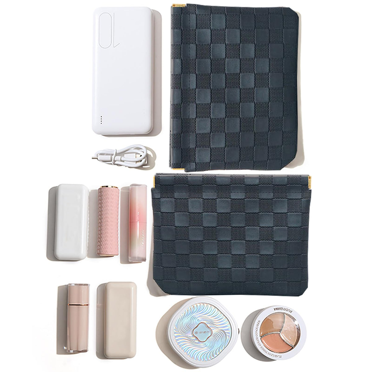 lomkya Checkered Makeup Bag Set Black 2 Pieces Leather Pocket Cosmetic Bag for Purse Waterproof Small Makeup Pouch for Purse Aesthetic Accessories Small Makeup Bag for Women inside Coin Purse