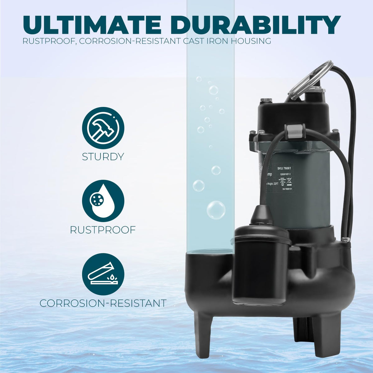 XtremepowerUS 1/2HP, 4860 GPH Larger-Flow Cast Iron Submersible Sump Sewage Pump with Tethered Float Switch, 10 ft. Cord Water Drain