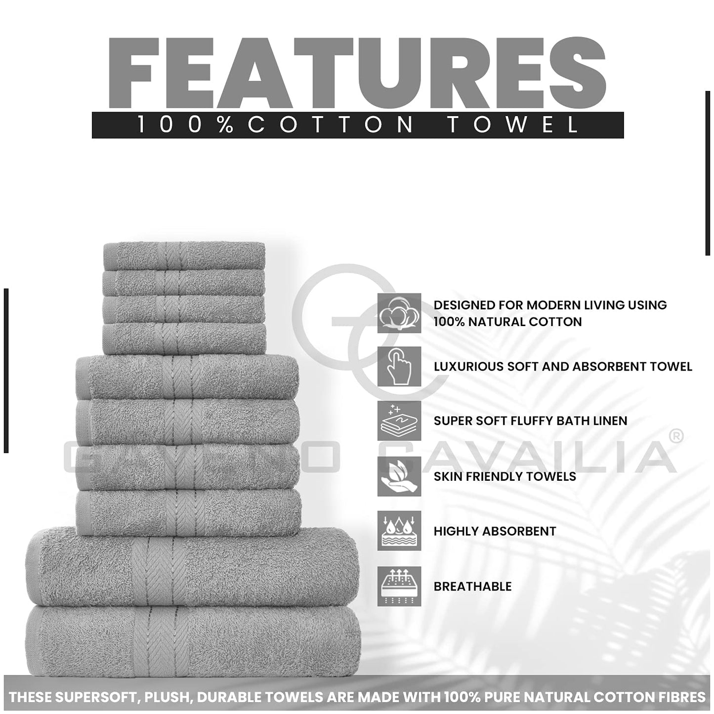 GC GAVENO CAVAILIA 10 Piece Towel Bale Set | Quick Drying Cotton Towel Highly Absorbent 450 GSM Silver Towels Set | Bathroom Towels Bale Set 4x Face 4x Hand 2x Bath Towels