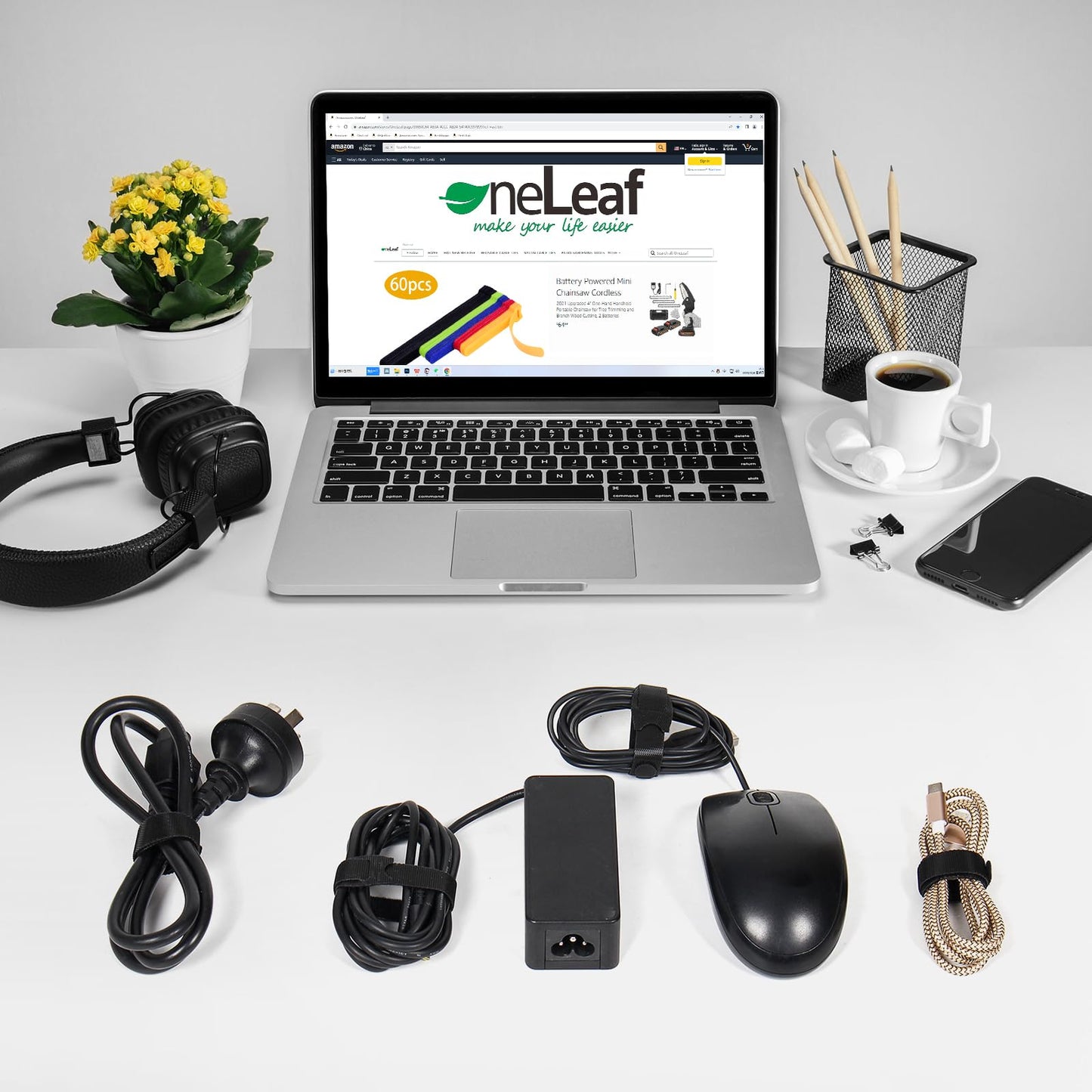 OneLeaf 80PCS Reusable Cable Ties, Black Adjustable 6-Inch Cord Organizer Ties, Multi-purpose Hook Loop Cable Management Wire Ties for Organizing Home, Office, Data Centers