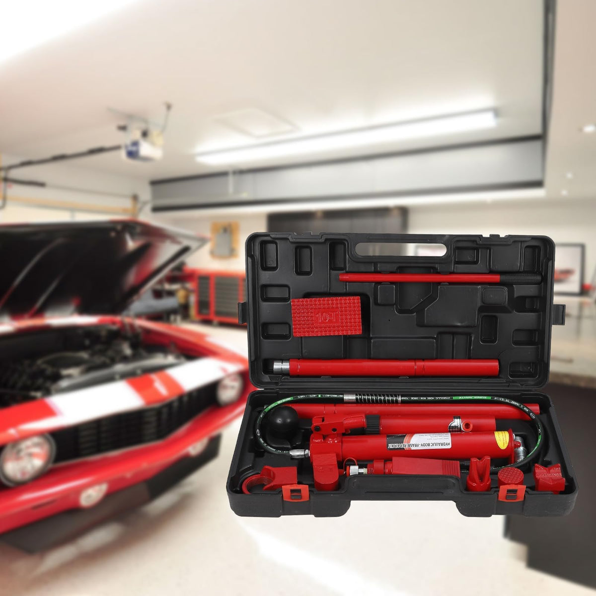 10-Ton Hydraulic Porta Power Kit with Heavy Duty Ram, Secure Transport Case, Frame Repair and Lifting Tool for Auto Shop and Construction