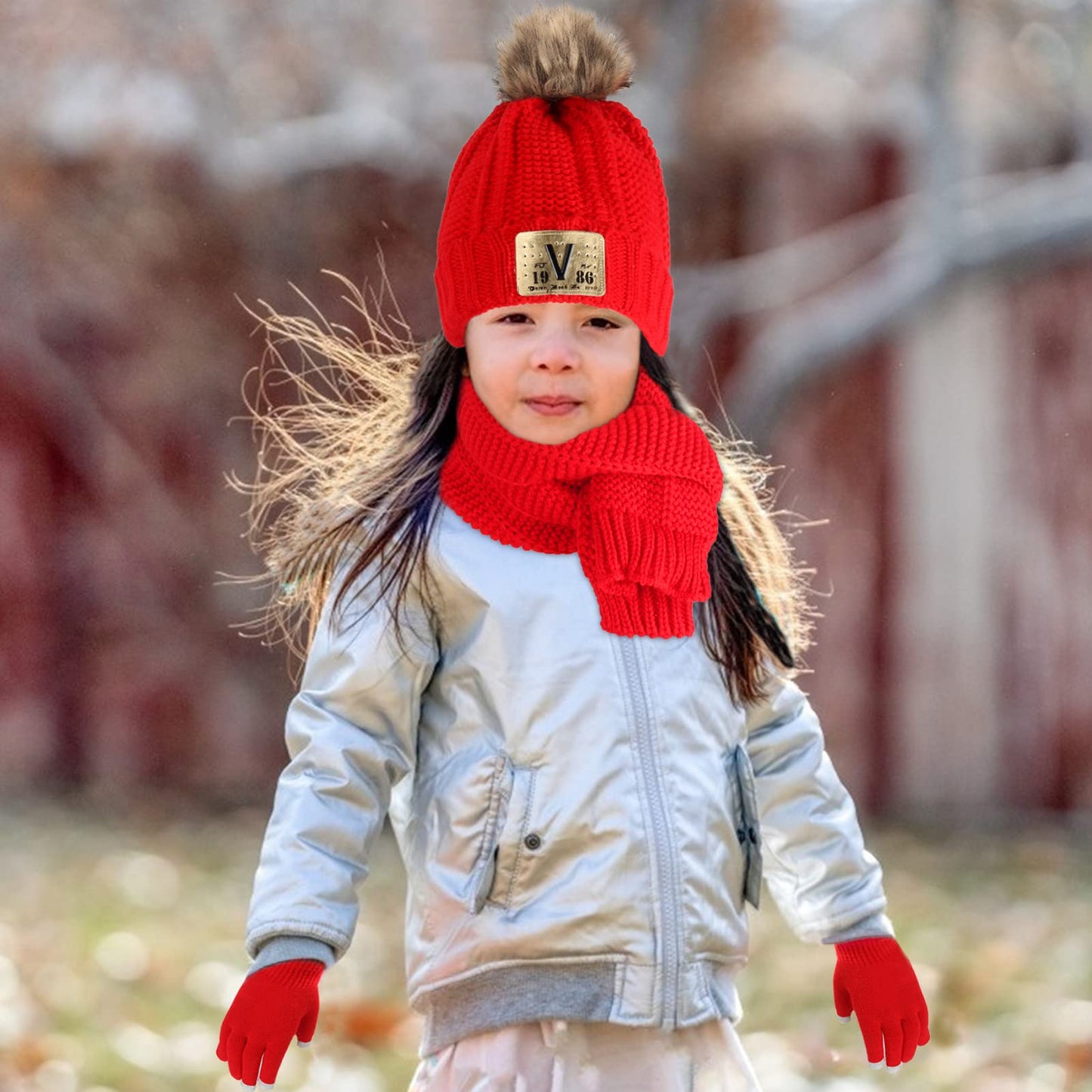 Kids Knit Hat/Scarf/Gloves Set,Winter Warm Set with Beanie and Long Scarf