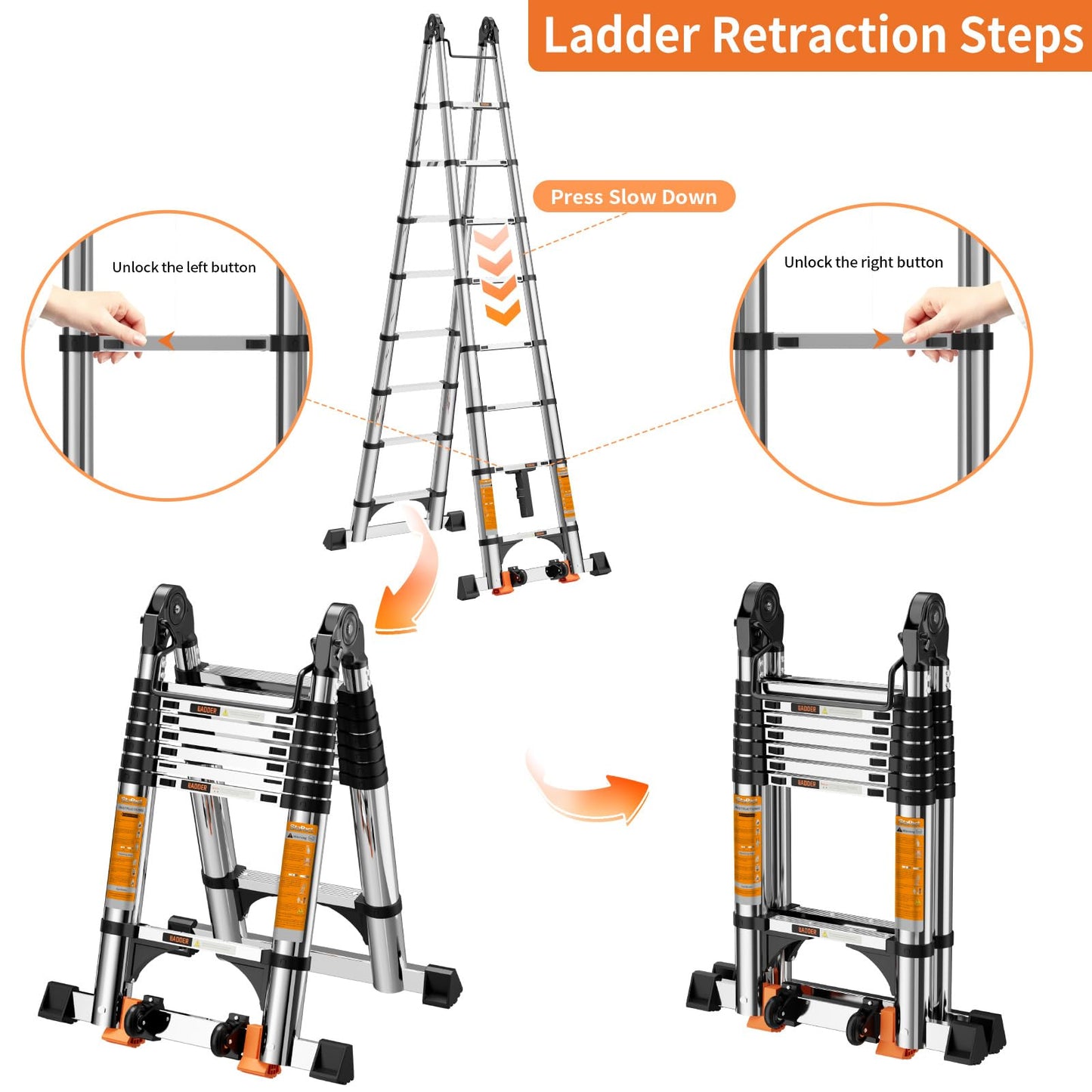 Telescoping Ladder A Frame,Telescopic Ladder for Home, Roof, RV,16.5 Ft Stainless Steel Extension Ladder with Dual Balance Bars,Wheels and 2 Triangle Stabilizers,330 lb Capacity (16.5FT-A Frame PRO)
