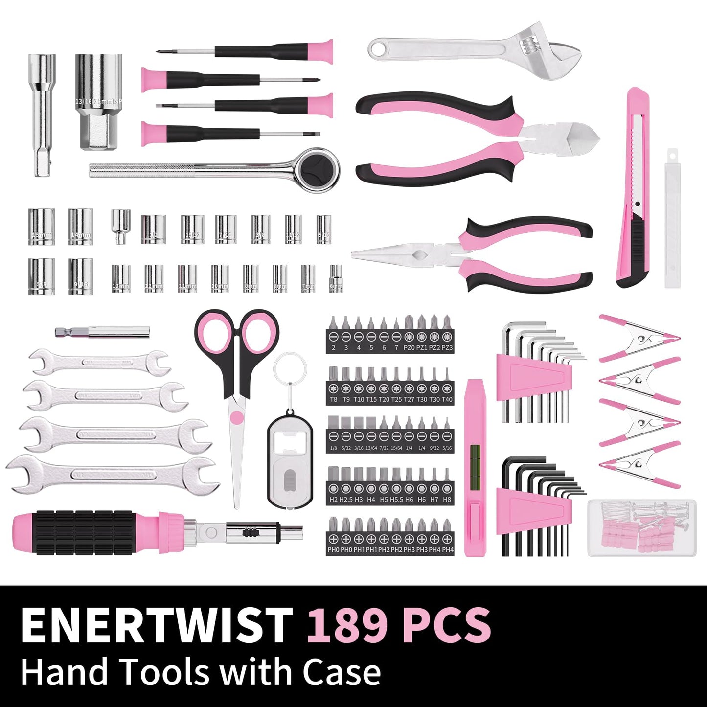 ENERTWIST Pink Tool Kit for Women, 189-Piece Premium Household Hand Tool Set with Lightweight Portable Box, Perfect for Home DIY Repair, Furniture Assembly, Ideal Gift for Women & Housewarming