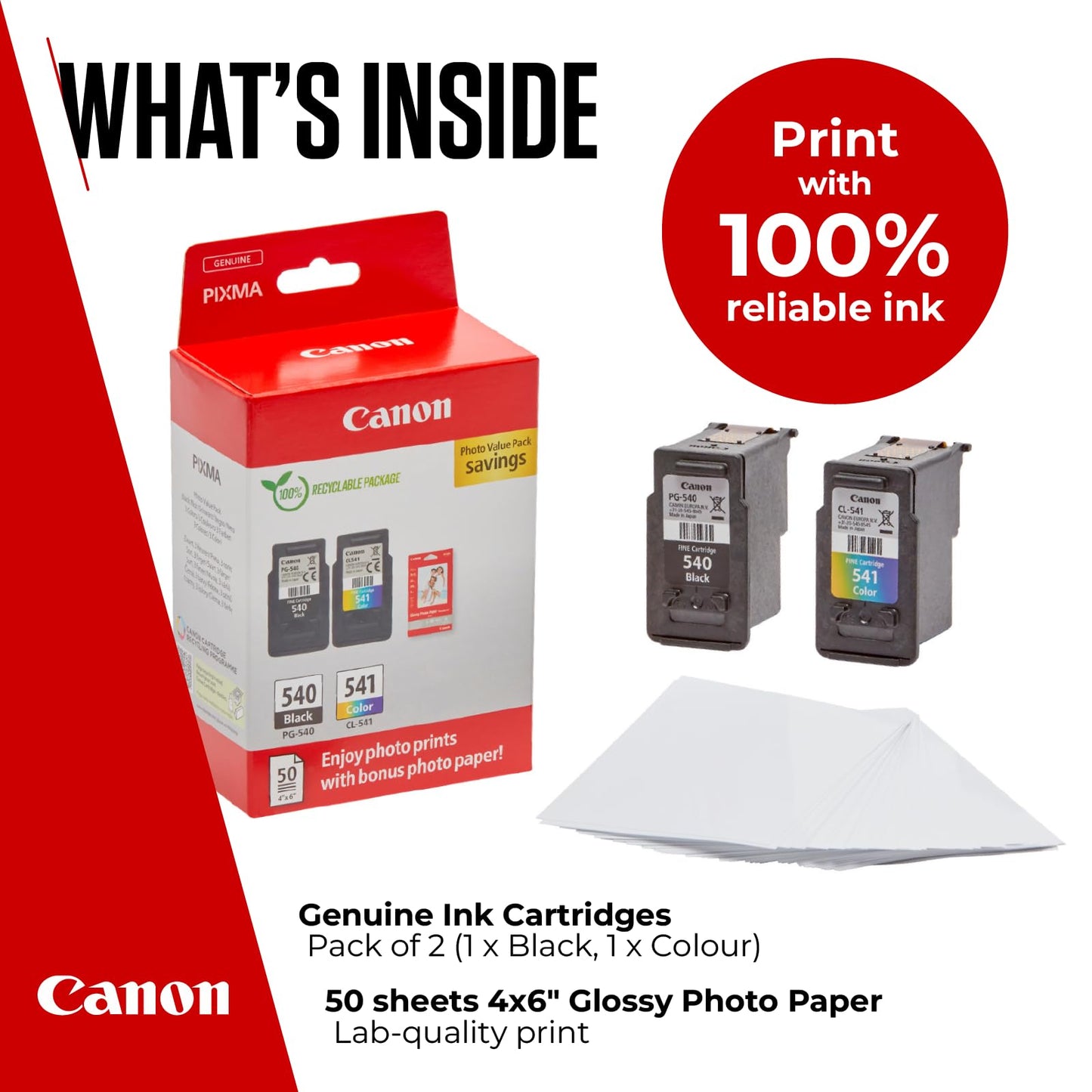 Canon Ink & Paper Multipack - PG-540/CL-541 Genuine Printer Ink Cartridges 2 Pack (1 x Black, 1 x Colour) & 4x6 Photo Paper (50 x Sheets)