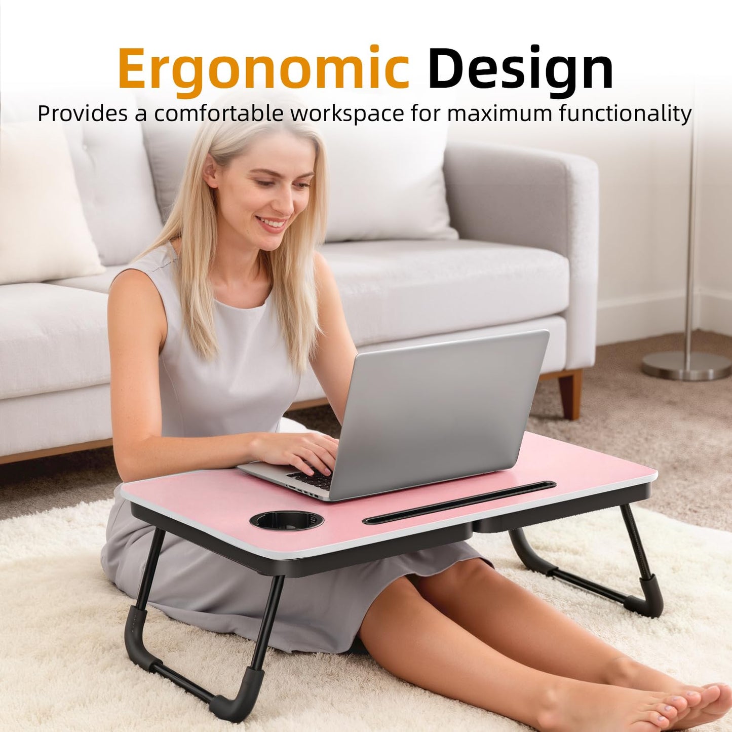 BUYIFY Portable Foldable Laptop Desk for Bed and Couch, Adjustable Lap Desk with Cup Holder and Phone Holder, Ideal for Working, Reading, Writing, and Breakfast (Pink) - SDC1