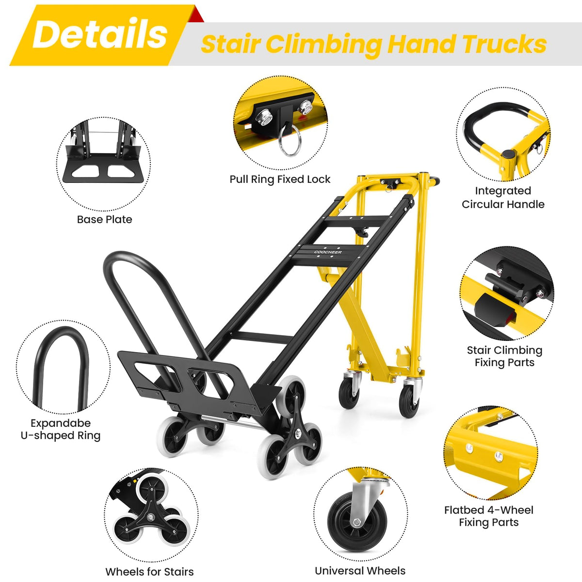 Professional Heavy Duty 1000LBS Aluminum Stair Climbing Dolly, 3 in 1 Convertible Hand Truck, Folding Hand Truck Dolly Cart with Solid Wheels for Moving/Travel/Office (Yellow)
