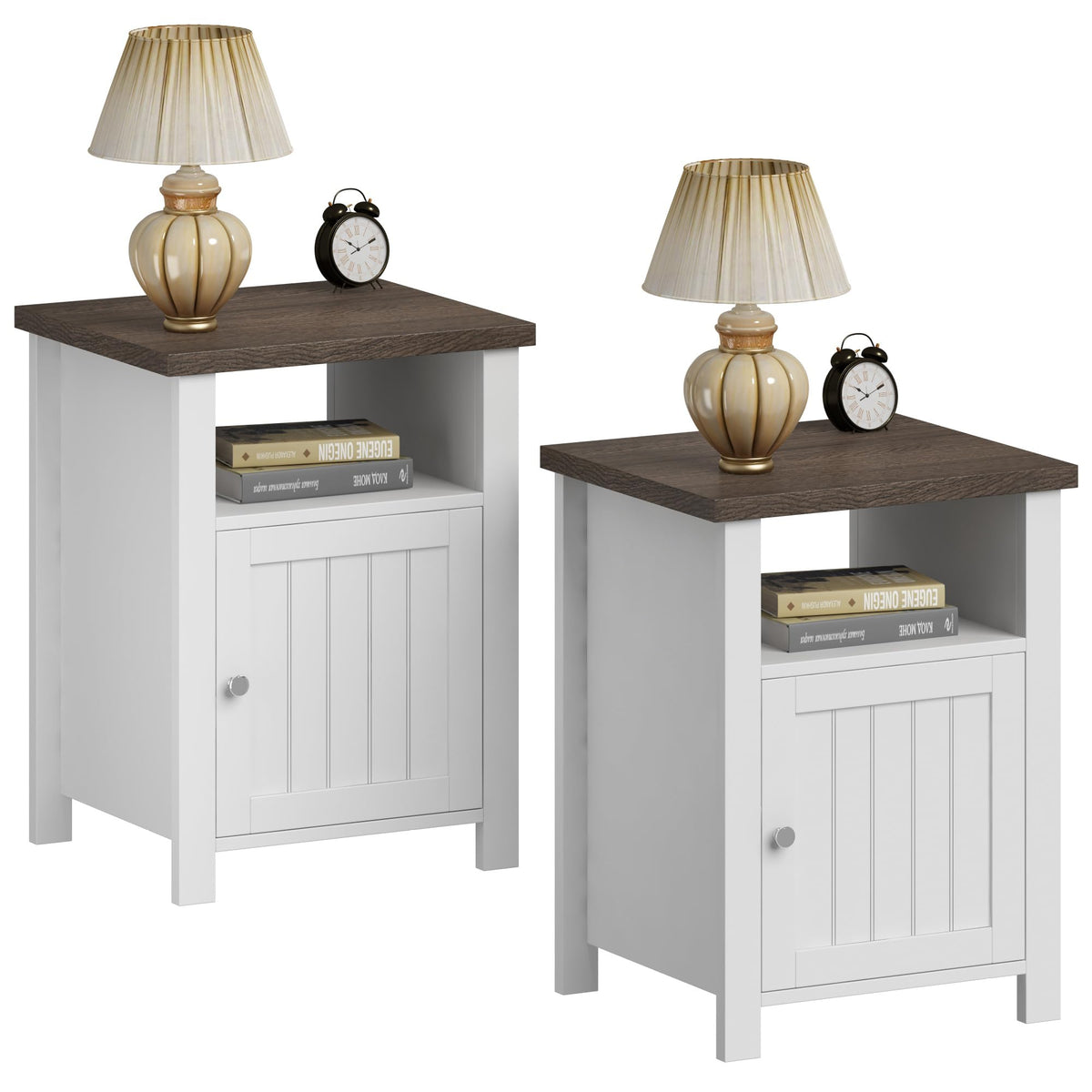 ChooChoo Farmhouse Nightstands Set of 2, Wooden Night Stand with Storage and Open Shelf, Rustic End Table Set of 2 for Bedroom, White & Brown