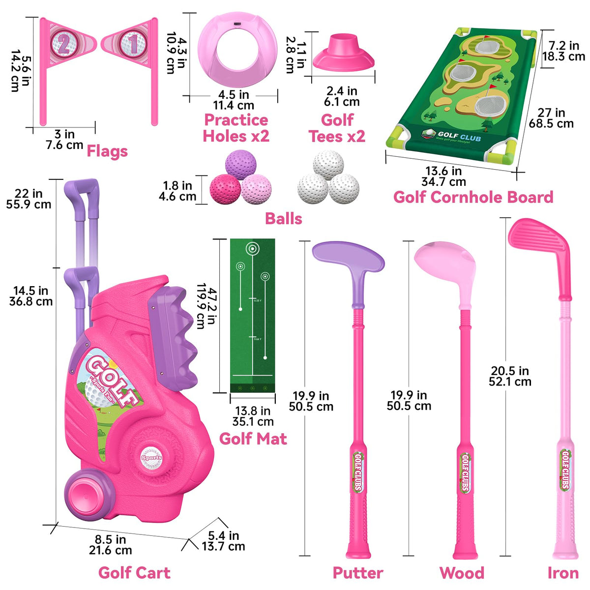Liberry Toddler Golf Set for 2 3 4 Years Old Girls Boys, Upgraded Kids Golf Cart with Golf Cornhole Board & Putting Mat, Indoor and Outdoor Golf Toys Birthday Gift, Pink
