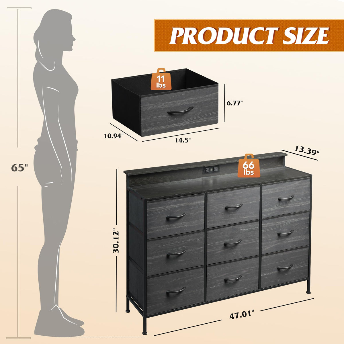 WLIVE Black Dresser TV Stand for 45, 50, 55 inch TV, Entertainment Center with LED Lights & Charging Station, Chest of drawers with 9 Fabric Drawers and Open Shelves for Living Room, Hallway, Wood Top