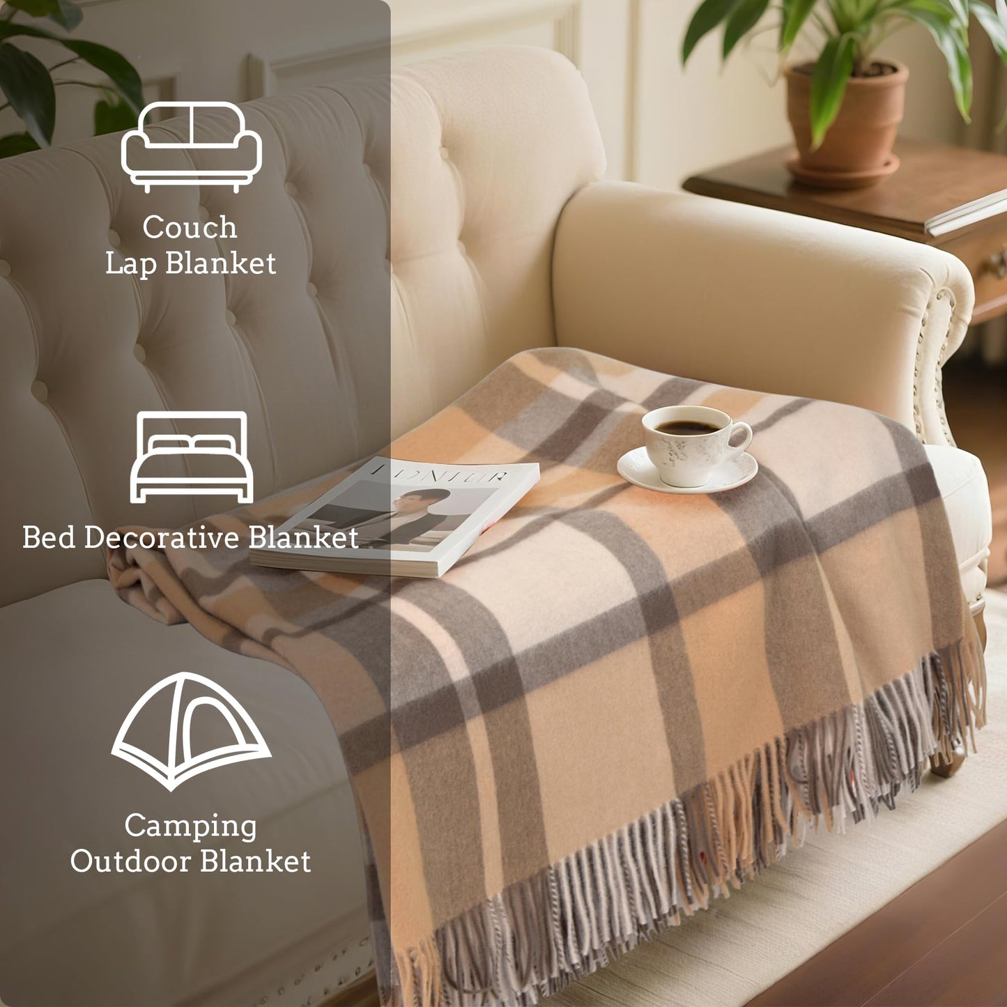 Pure Wool Blanket - 85" x 55" - Soft Cozy, Wool Knee Blanket with Fringe for Couch Sofa Bed, Lightweight Breathable Throw for Home Travel, Camel Chedkered