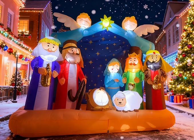 Christmas Inflatable Nativity Scene - 7ft Outdoor Indoor Decoration with LED Lights, Blow Up Yard Decor for Xmas Holiday, Nativity Set Includes Holy Family, Three Kings, Angel & Sheep
