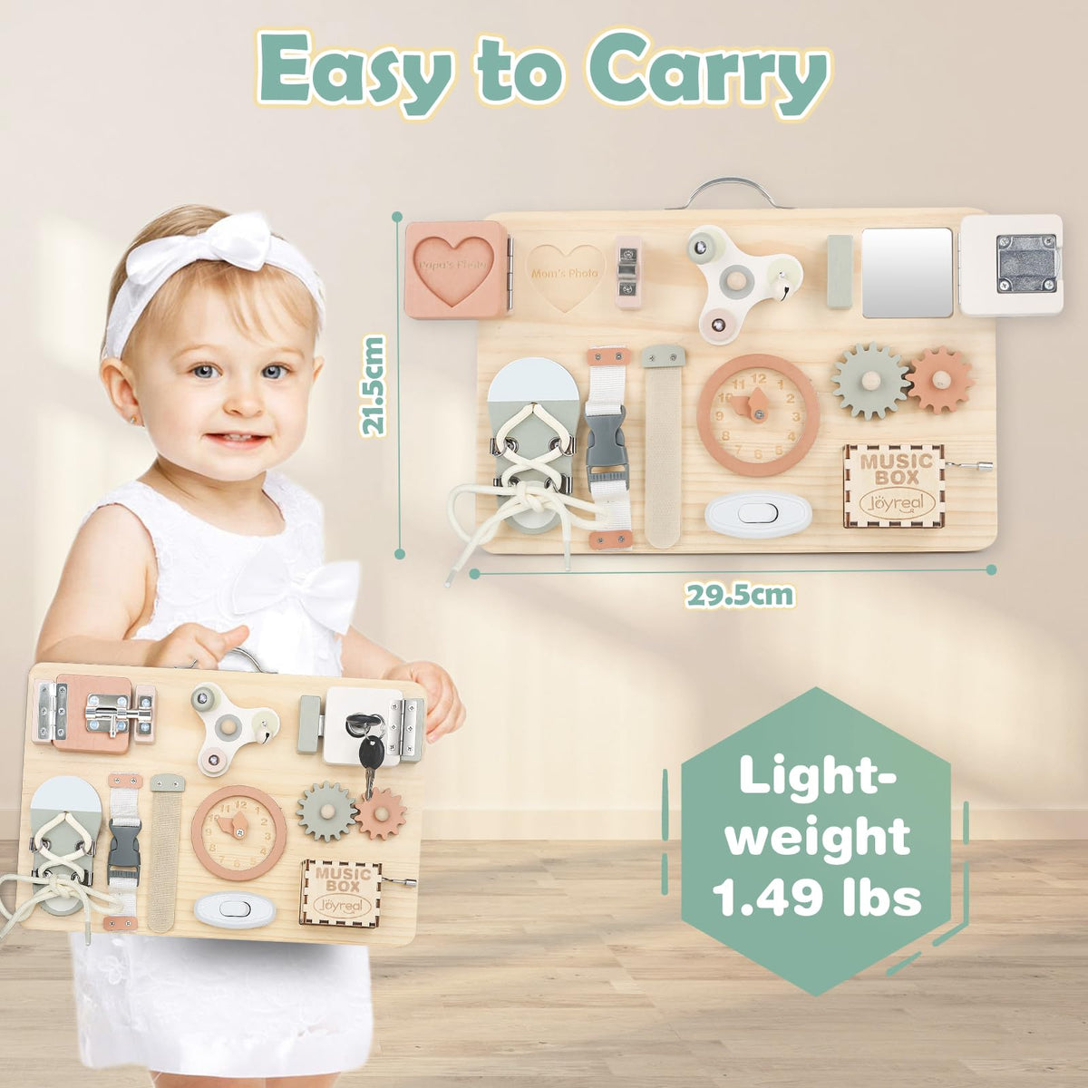 Joyreal Wooden Busy Board for Toddlers, Montessori Toys for 1 2 3 Year Old, Sensory Activity Board with Music Box & 12 Motor Skill Activities, Educational Travel Toys Gift for Boys Girls