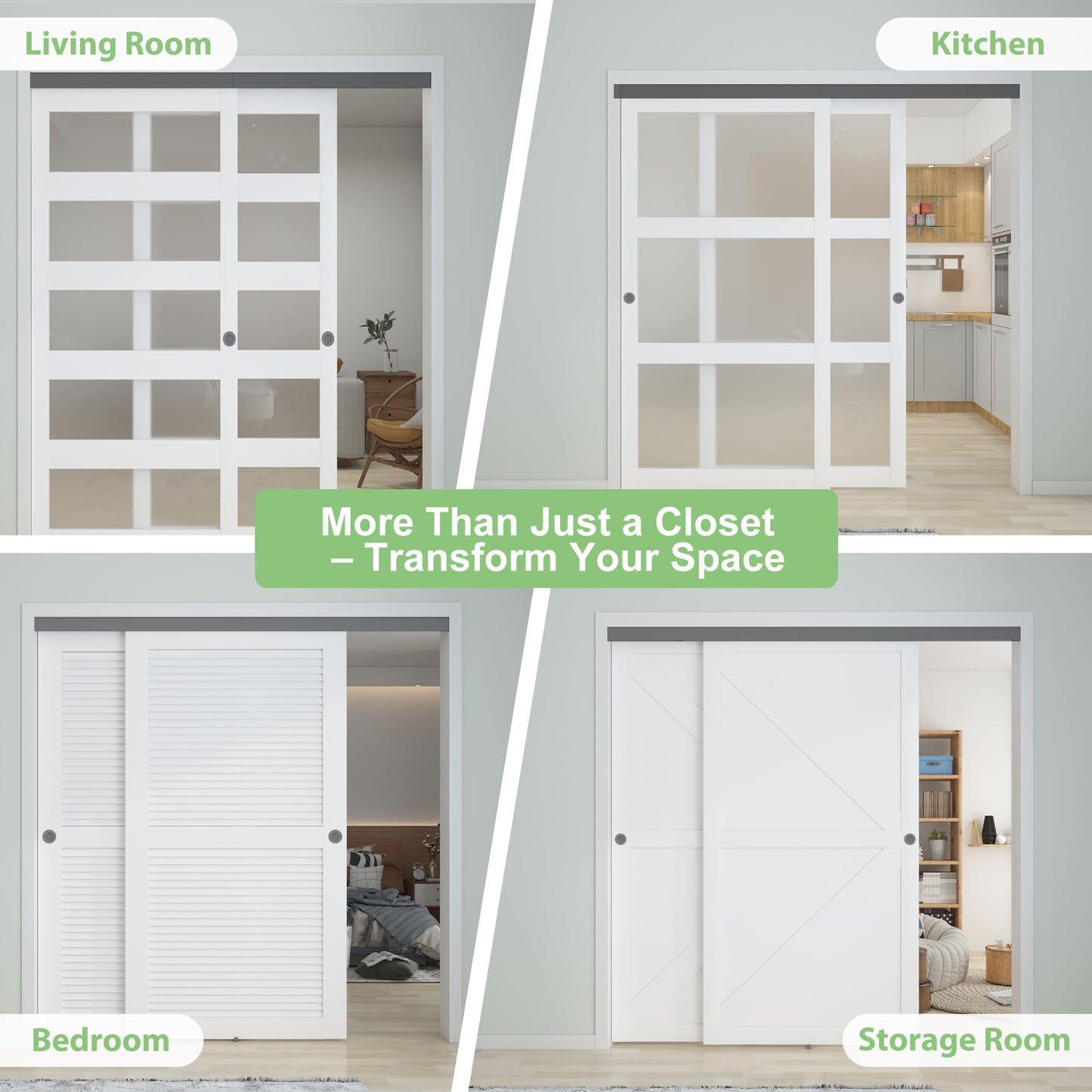 BarnBase 8FT/96(Double 4FT) Bypass Door Hardware, Aluminum Double-Closing Sliding Closet Door Hardware with Finger Pull Included, Smoothly and Quietly, Fit Door Thickness 1 3/8" or 1 3/4", Black
