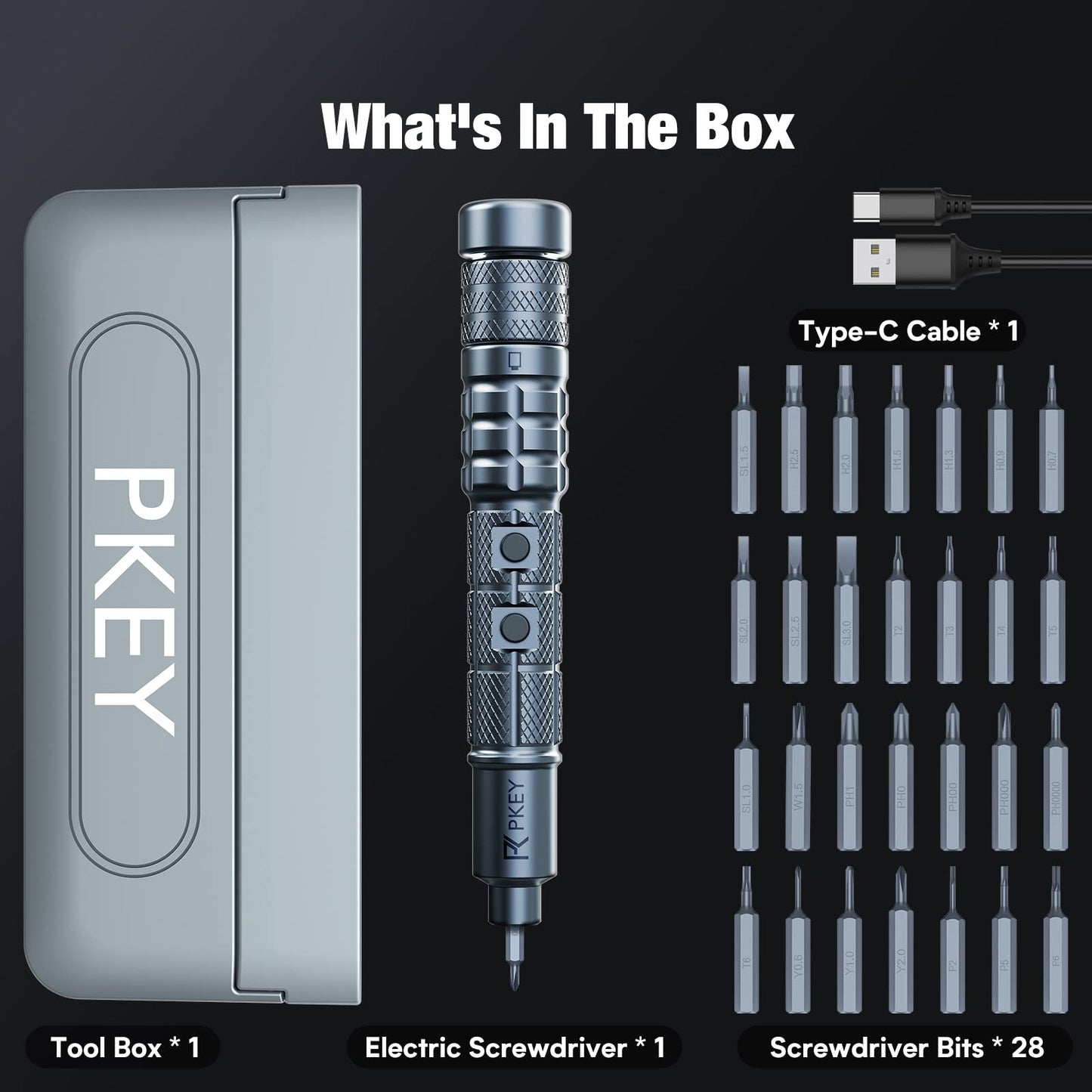 PKEY Cordless Electric Screwdriver Set, Mini Electric Screwdriver, 28 Magnetic Bits, 3 Gears Torque, Two batteries,Rechargeable Portable Repair Tool Kit for Electronics Laptops Clocks Glasses Camera