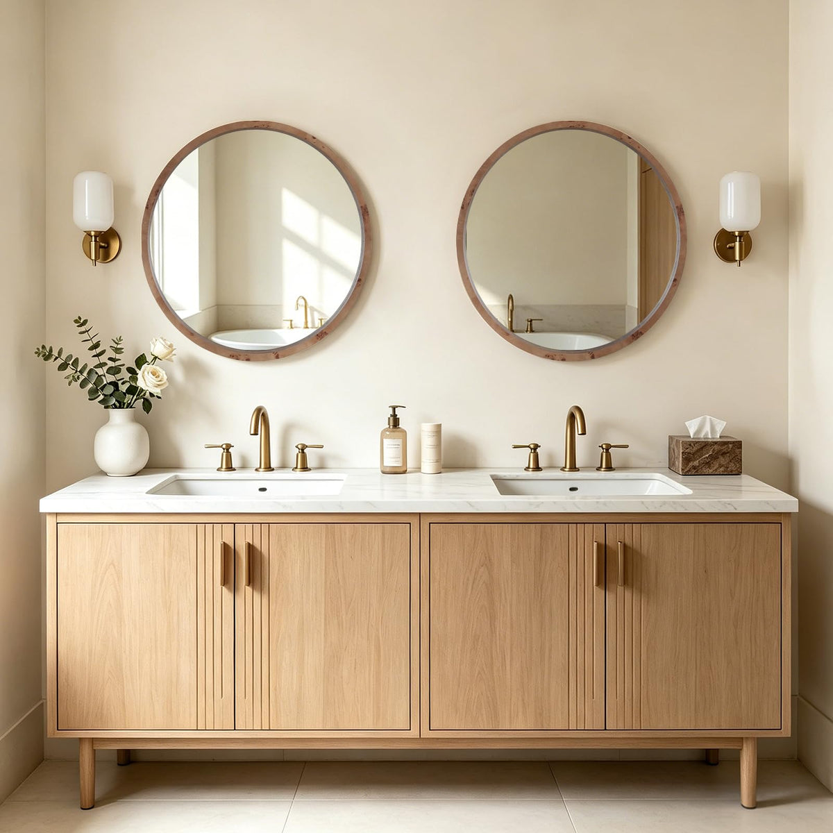 WallBeyond 24 Inch Round Wood Mirror, Farmhouse Circle Wooden Frame Wall Mounted Mirror for Bathroom Vanity, Living Room, Bedroom, Entryway, Natural