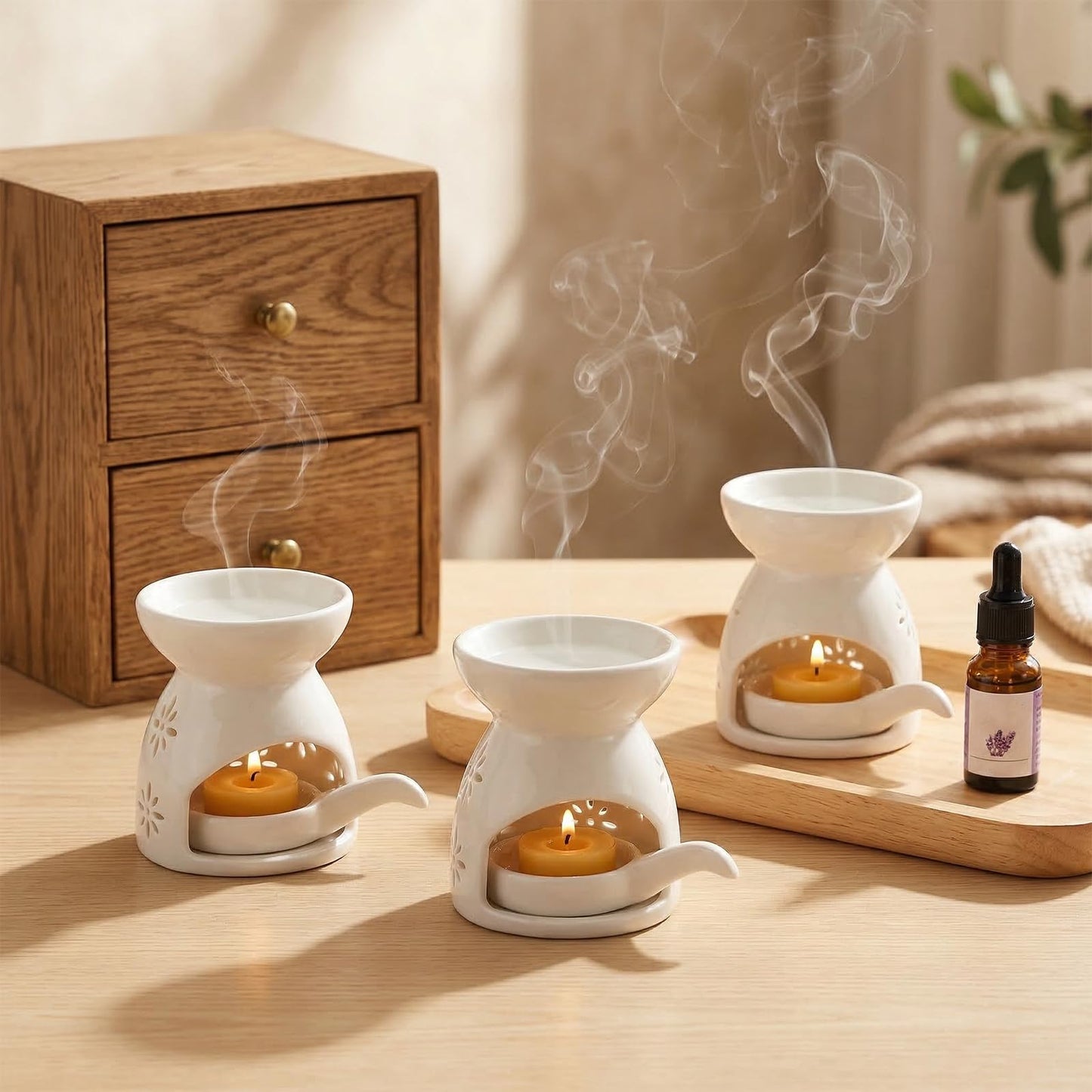 3 Pack Ceramic Tealight Candle Holder, Small Essential Oil Burner Wax Melt Warmer with Spoons, Aromatherapy Aroma Diffuser for Home Bedroom Decor, White