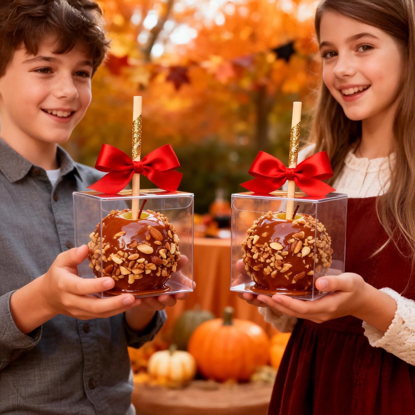 Yesland 50 PCS Candy Apple Box With Hole Top, Clear PET Gift Boxes for Caramel Apples, Ornament, Treats & Party Favors for Wedding, Party or Baby Shower - 4" x 4" x 4"