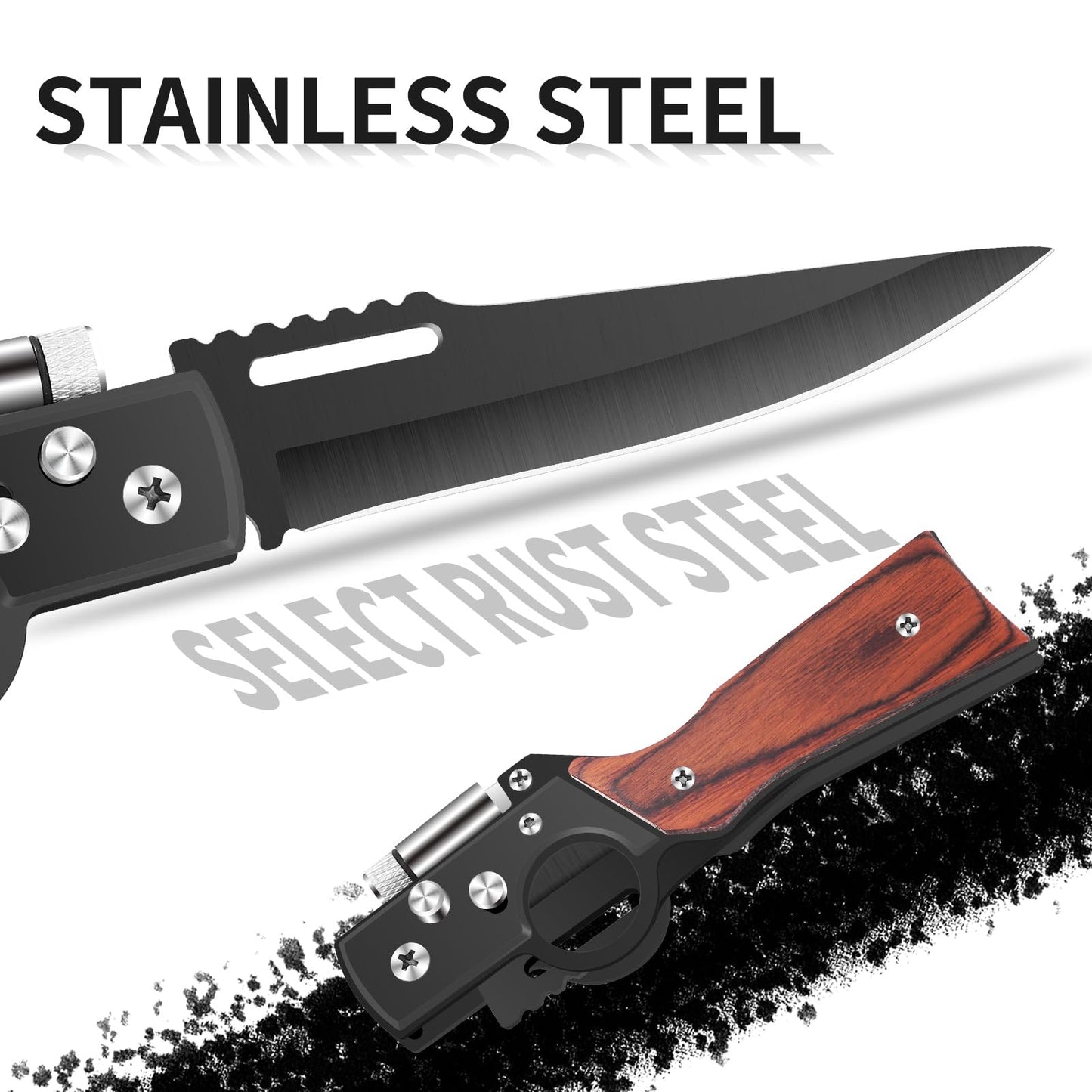 Uninuou AK47 Style Tactical Folding Pocket Knife (Black)– EDC Gift for Men with LED Light, Wood Handle & Pocket Clip, Laser Engraving Ready, Outdoor Camping Hiking Gear (1)