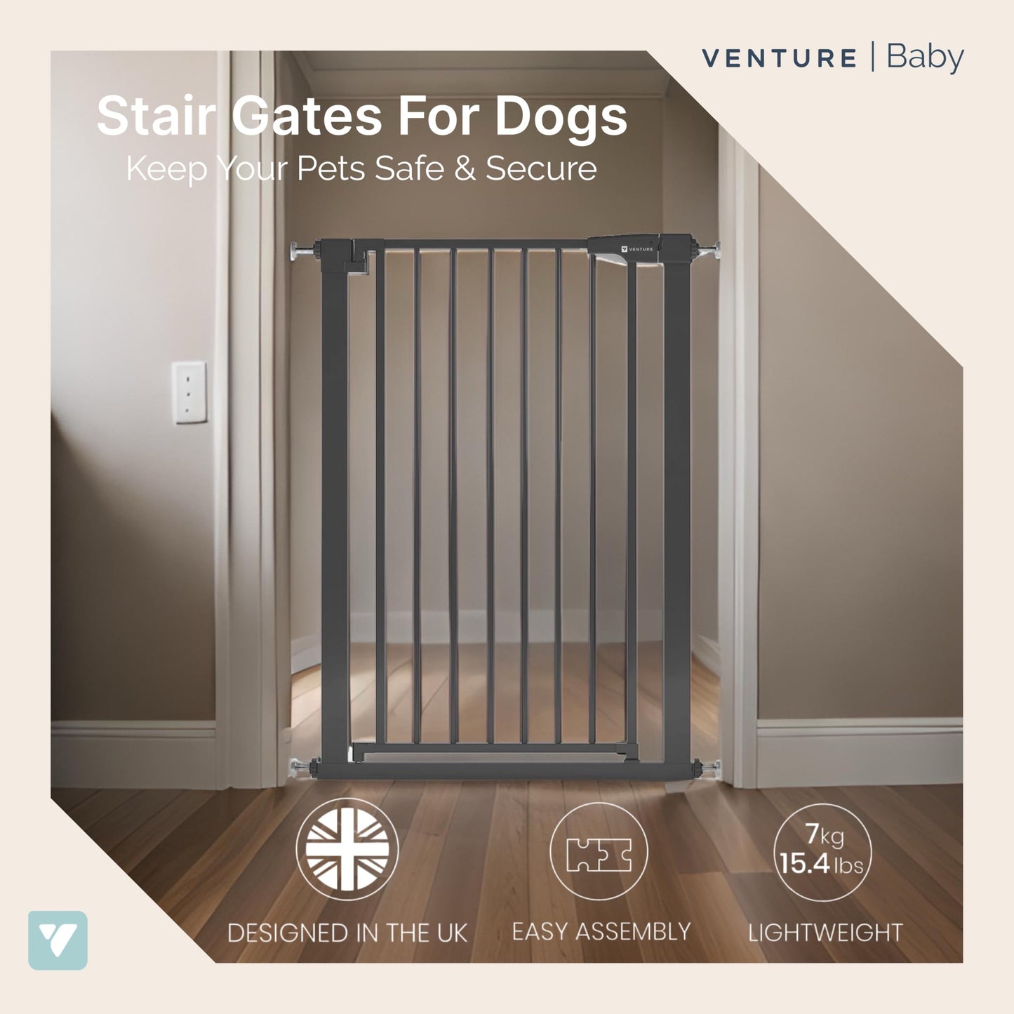 Venture Q-Fix 110cm, 73-80cm wide pressure fit baby gate extra tall safety gate for stairs. Easy Assembly Toddler and pet safety gate. 90° two way open, auto close. (BLACK, QFIX GATE 73-80)