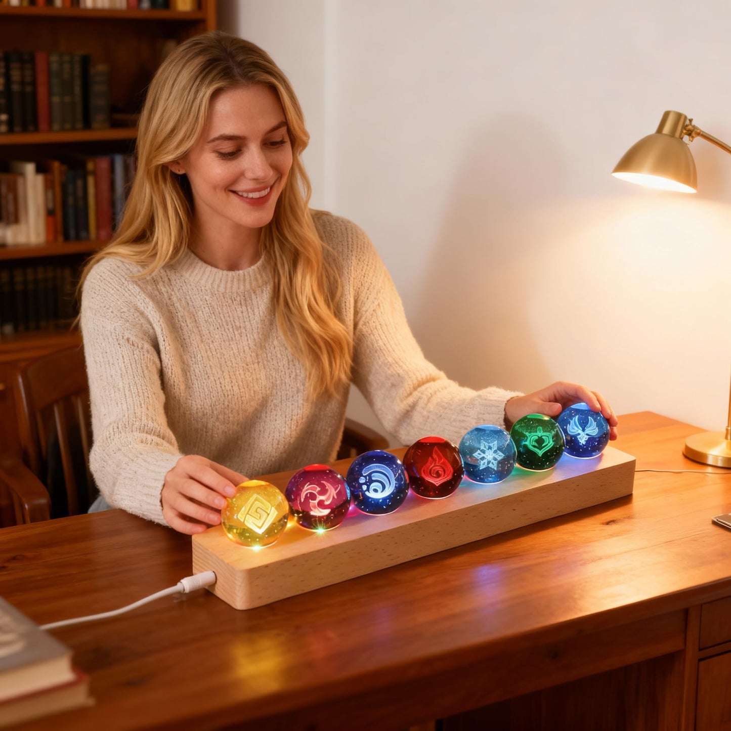 Huniruyo 40mm Crystal Quartz Stones 7 Chakra Natural Healing Spheres with LED Wooden Stand for Meditation Positive Energy Night Light Decoration Balls Set,Suitable for Home Decoration (Cultural)