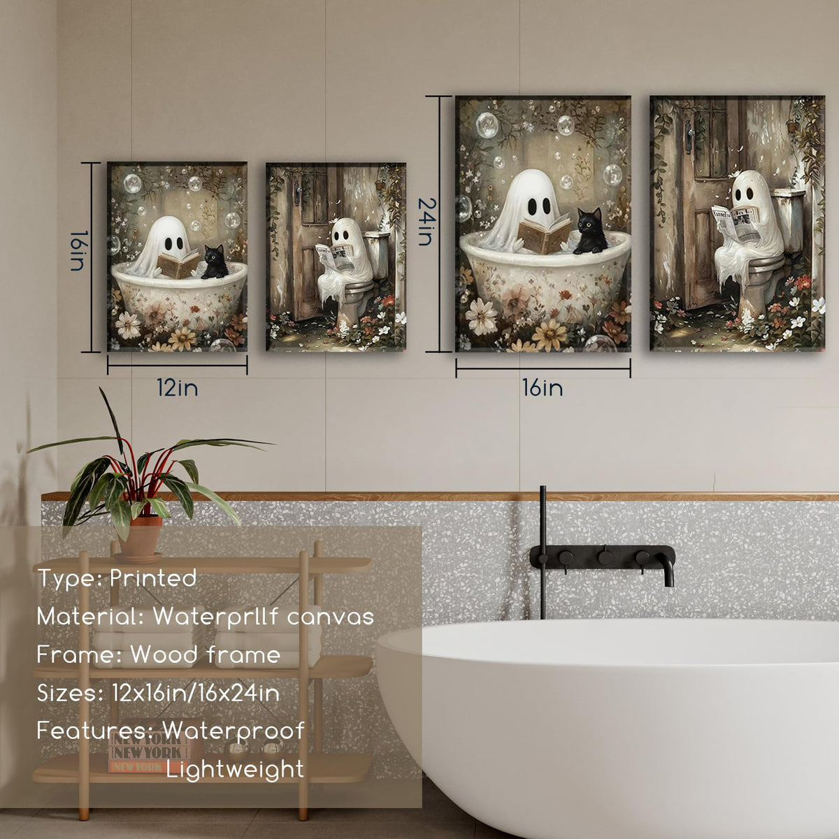 Framed Ghost Canvas Wall Art Set of 2 Cute Ghost Cat Reading in Bathtub Painting Rustic Whimsical Halloween Poster Picture Prints Décor for Bedroom Bathroom Restroom Spa 12x16 Inch
