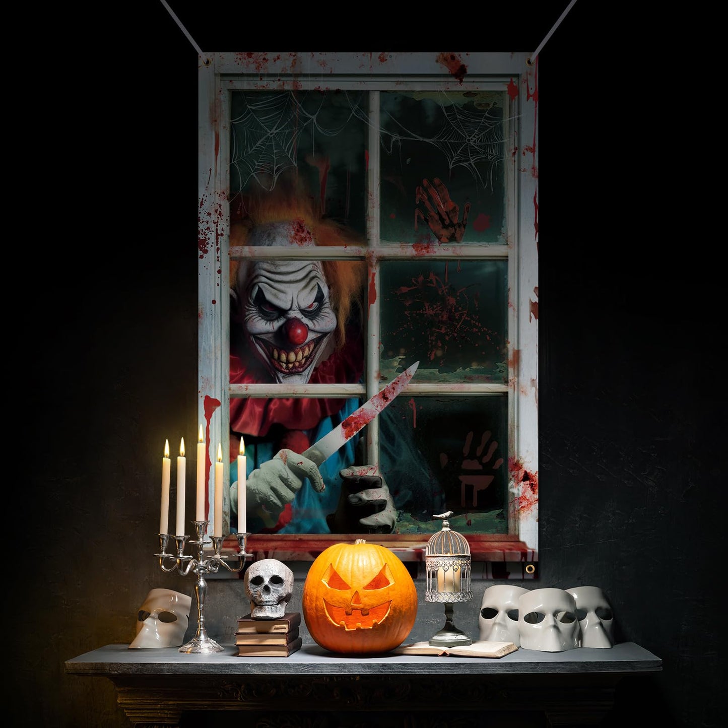 Newwiee 2 Pcs Scary Halloween Curtain Window Silhouette Cover Decoration Theme Poster for Indoor Outdoor Party Wall Door(Clown)