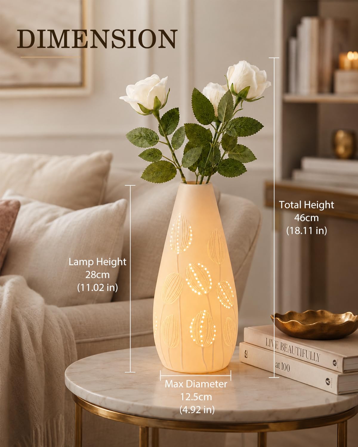 TACAHE Ceramic Vase Table Lamp, 2700K Bulb & 3 Artificial Flowers Included, E12 Socket, Inline Switch, Handmade Openwork Craft, Ambient Light for Living Room Bedroom - Tulip 11"