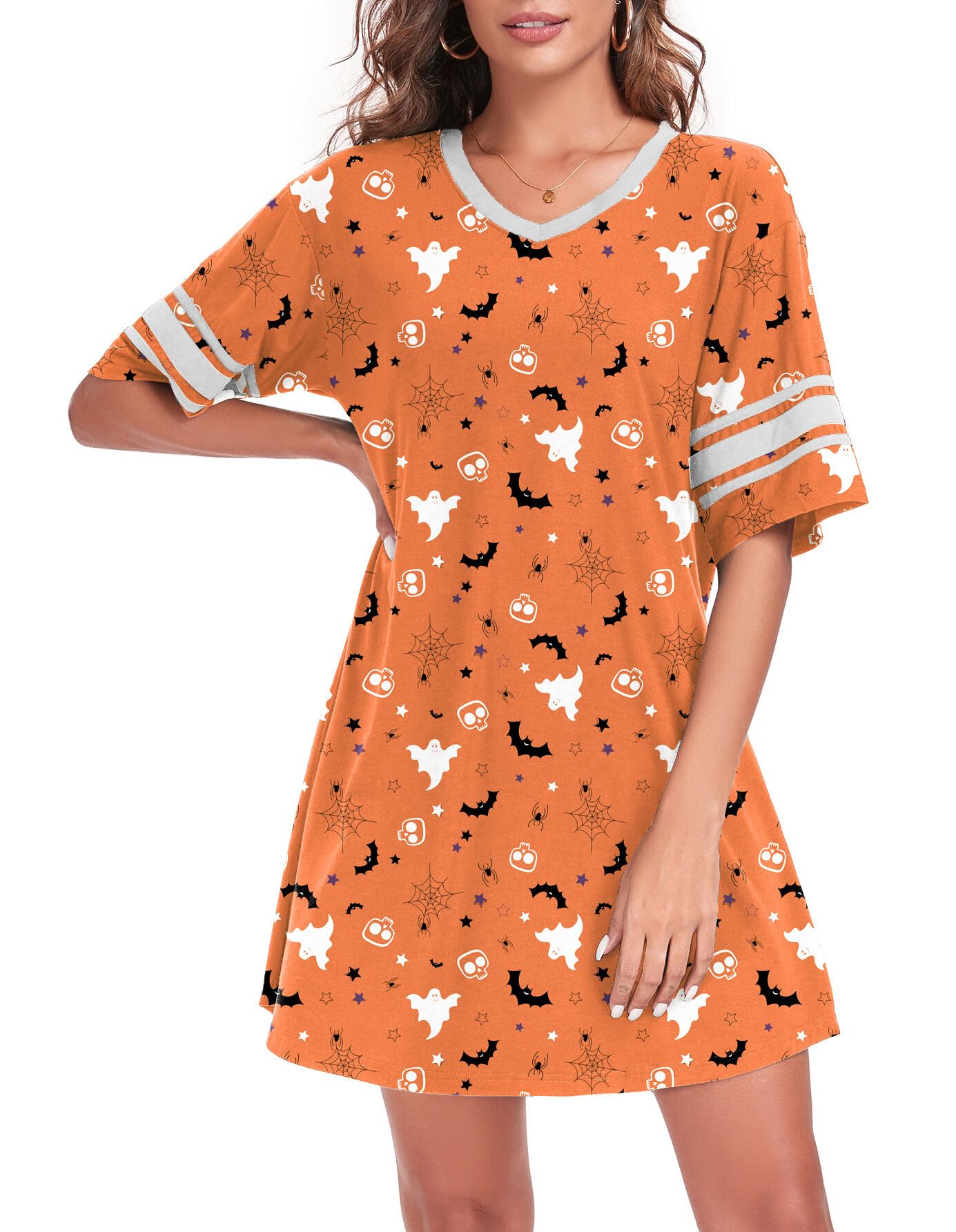 REGAI Women's Nightgown Short Sleeve V Neck Nightshirt Casual Sleepwear, Halloween Orange, 3XL