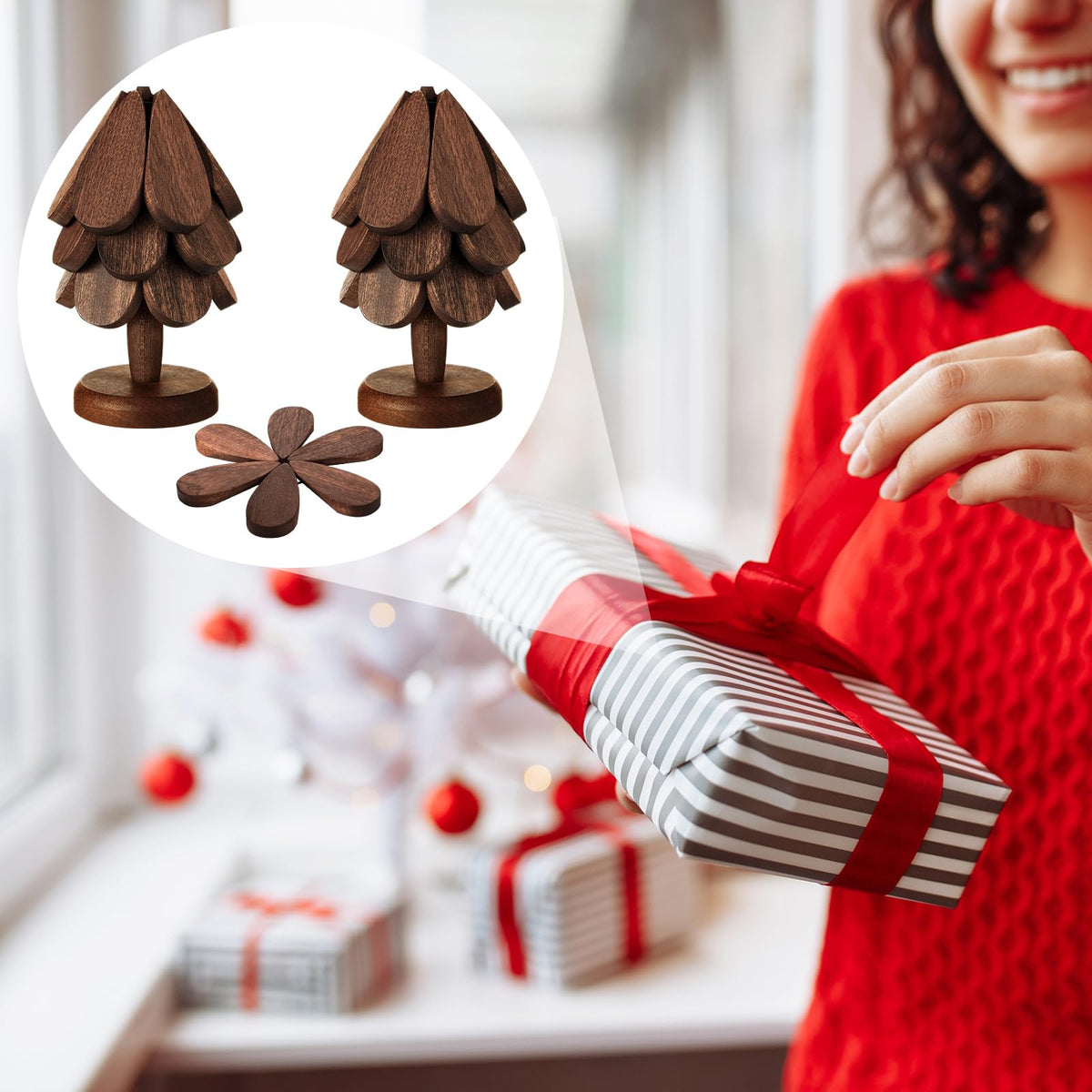 Suzile 2 Set Wooden Trivets - Tree Shape Foldable Heat Resistant Pads for Teapot Pans Bowl Kitchen (3 Layers)