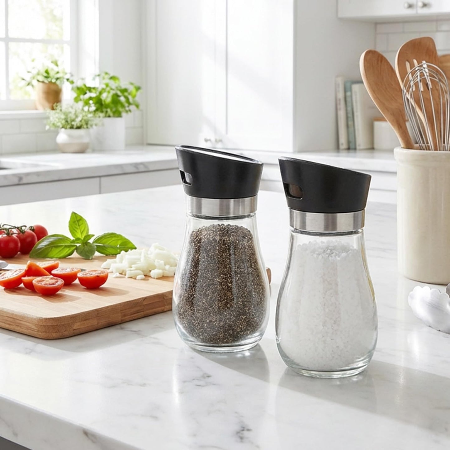 Salt And Pepper Shakers Set,Adjustable Rotating Cap Design For Precise Dose Control,Refillable Glass Jars With Matte Black Lids,Modern Kitchen Spice Containers,Kitchen Utensils