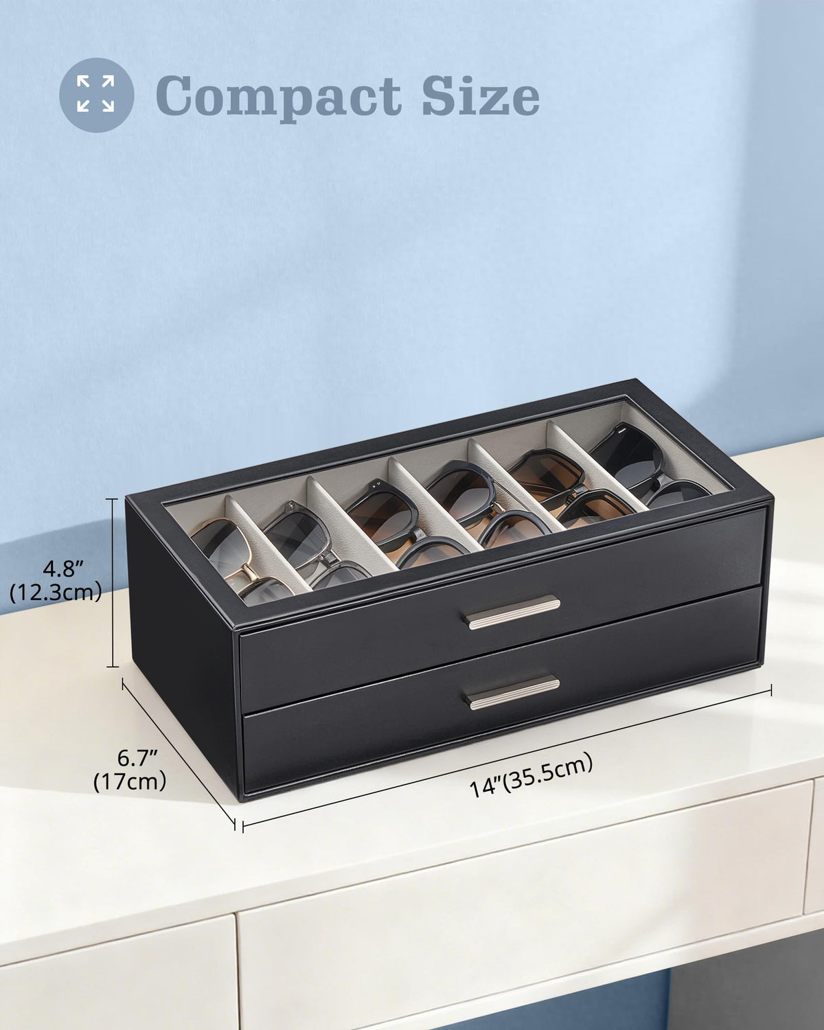 Lolalet 12 Slots Sunglasses Organizer, 2-Layer Sunglass Box with Transparent Glass Lid Display Case Storage Holder for Eyewear Eyeglass Multiple Pairs Glasses, Mothers Day Gifts-Black