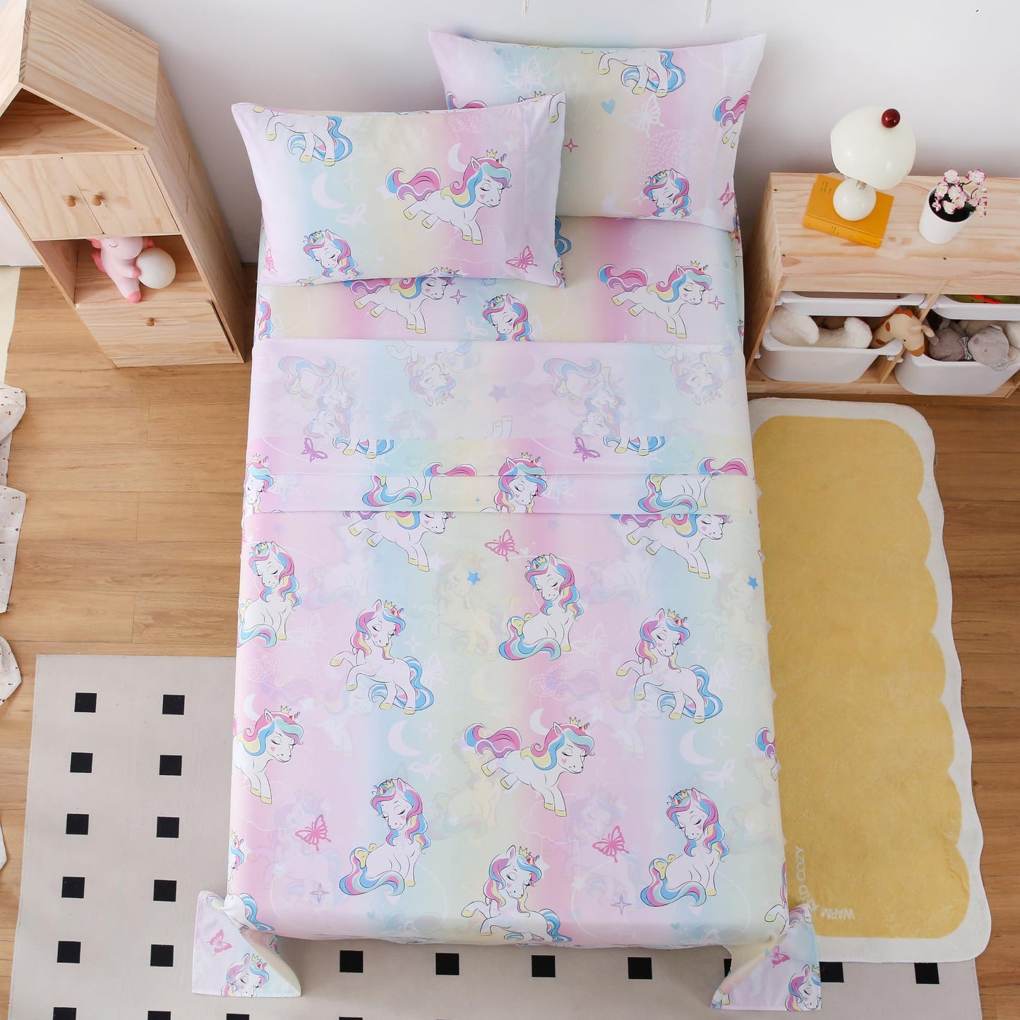 Yibeizi Full Size Sheets Set Kids, Rainbow Unicorn Pattern Microfiber Double Bed Sheets, Cute Soft Oeko-Tex Extra Deep Pocket Sheets & Pillowcases Cooling Hypoallergenic Wrinkle Free Bedsheets