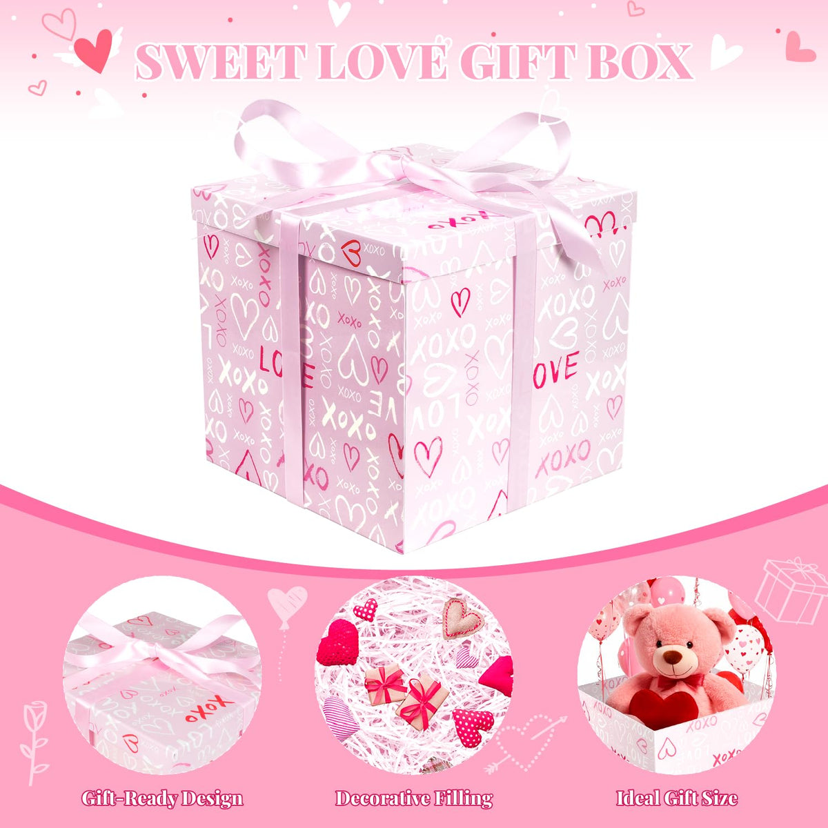 Lyforpyton Large Pink Valentine's Day Gift Box with Lids, Ribbons and Shredded Paper Fill,Suitable for Anniversaries and Valentine's Day, Wedding, Birthday, Party ,11.8" x11.8"x10.6"