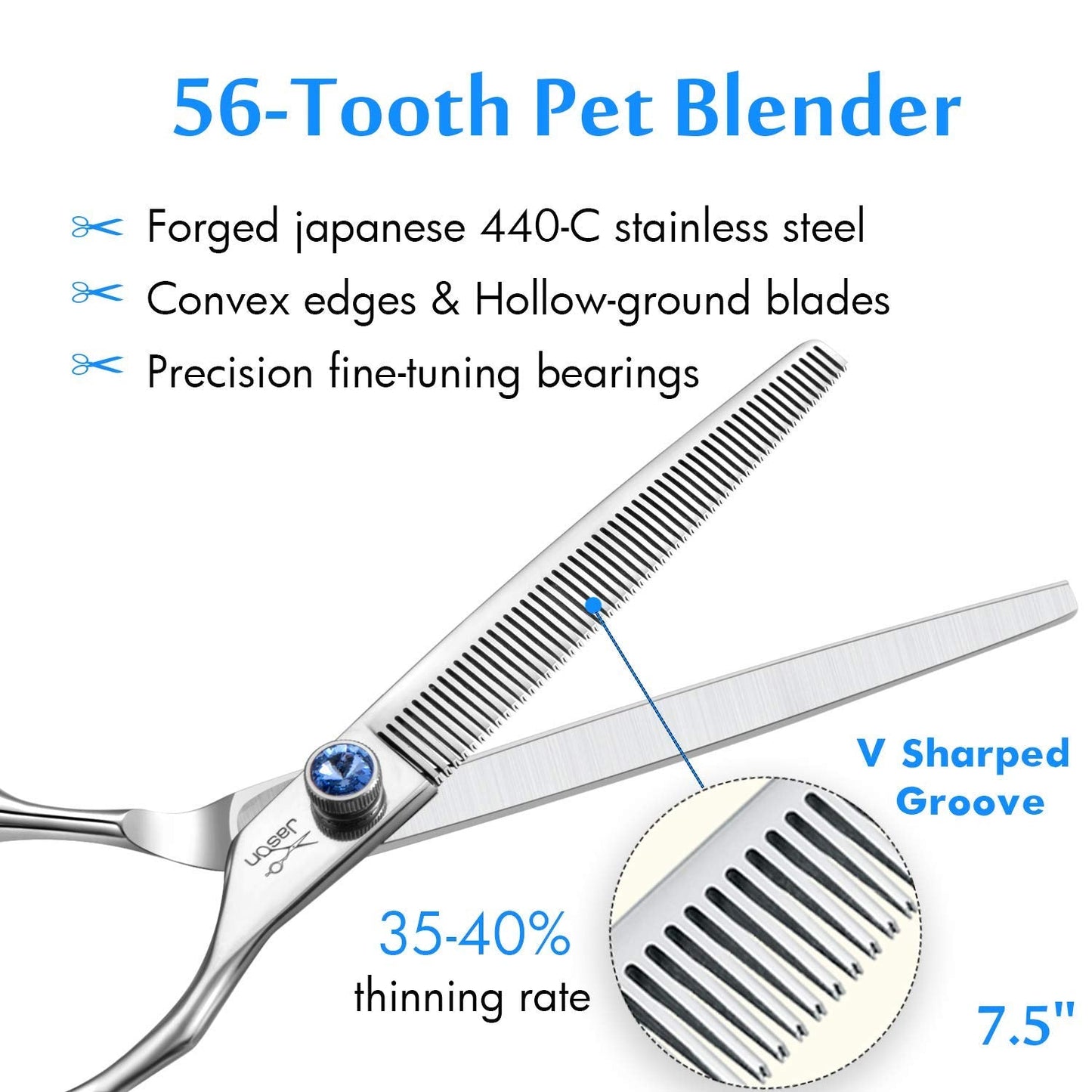 JASON 7.5" 56 Teeth Blending Dogs Grooming Scissors Cats Thinning Shears Pets Blender Thinner Trimming Texturizing Kit with Offset Handle Blue Jewelled Screw