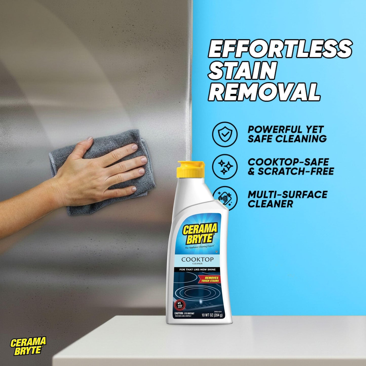 Cerama Bryte Glass Cooktop and Stove Top Cleaner Combo Kit - Includes Cleaning Tool, Razor, Scraper and 1 Pad to Remove Tough Stains - Use on Gas, Electric, Ceramic Surfaces, 18 Ounces, 4 Piece