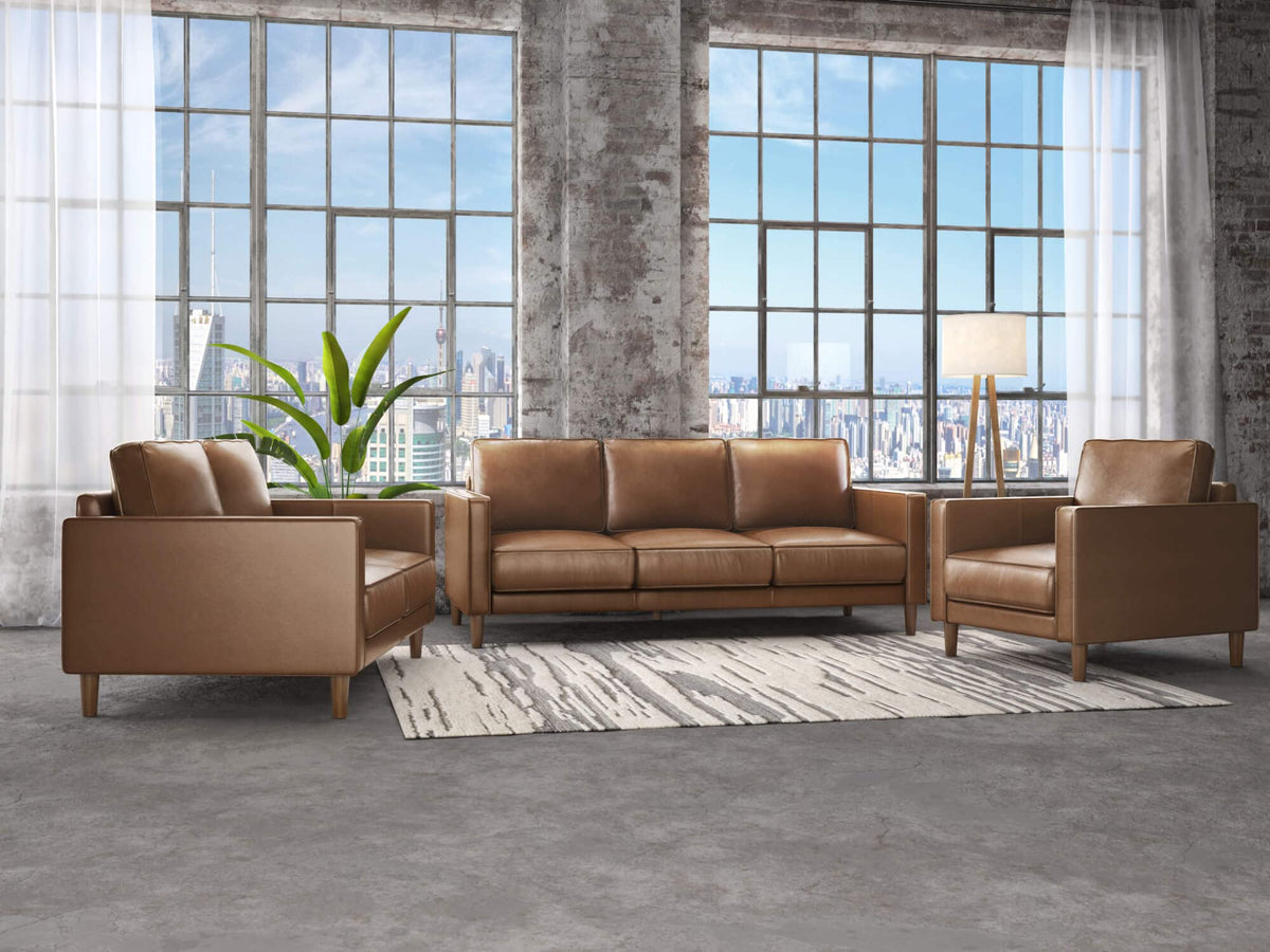 Sunset Trading Prelude 55" Wide Top Grain Leather Chestnut Brown | Mid Century Modern Small Couch Loveseat, Space Seating (SU-PR15070-86-200E)