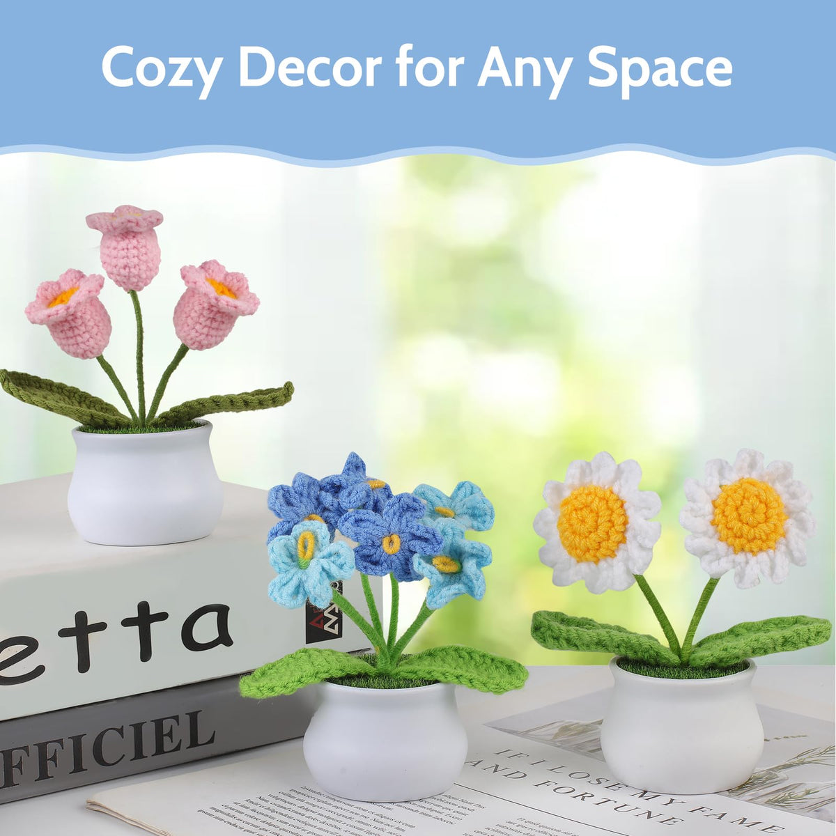 Aeekkya 3pcs Crochet Flowers Pot, Cute Handmade Crochet Flower Desk Decor with Sunflower, Lily of the Valley, Forget Me Not, Gift for Women, Mom, Teacher, Friend, Birthday, Mother’s Day, Thank You