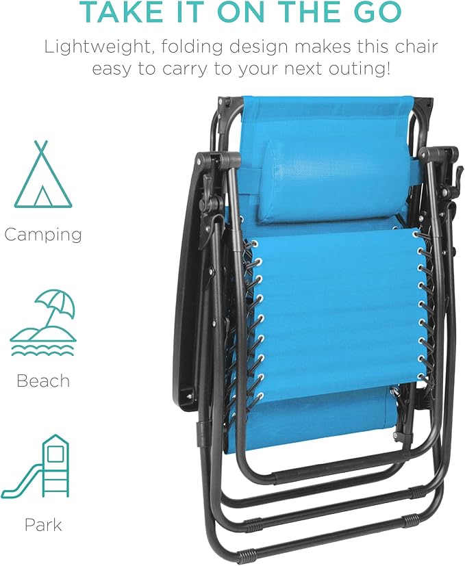Best Choice Products Folding Zero Gravity Outdoor Recliner Patio Lounge Chair w/Adjustable Canopy Shade, Headrest, Side Accessory Tray, Textilene Mesh - Light Blue