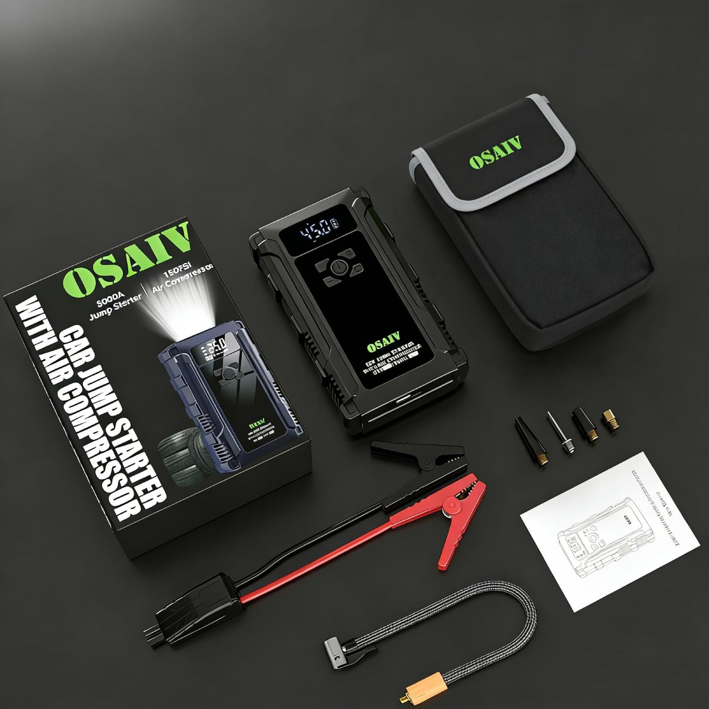 osaiv Jump Starter with Air Compressor, 3000A Car Battery Jump Box for 8.5 Gas/6.5L Diesel Vehicles, 150PSI Tire Inflator Auto-Shutoff, 10 Safety Modes, 3-Mode Emergency Light