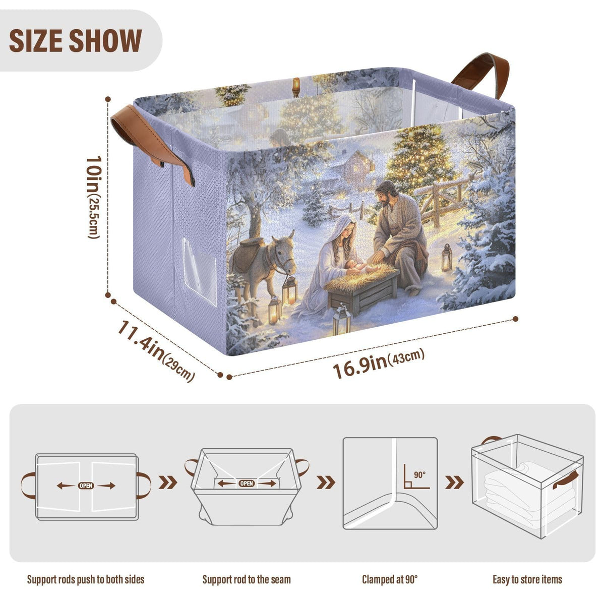 YNNALE Nativity Scene Holy Night Religious Christmas Storage Bins for Shelves with Labels&Handles Fabric Organizer Bin Foldable Rectangle Storage Basket Boxes for Closet,Bathroom, Home, Living Room